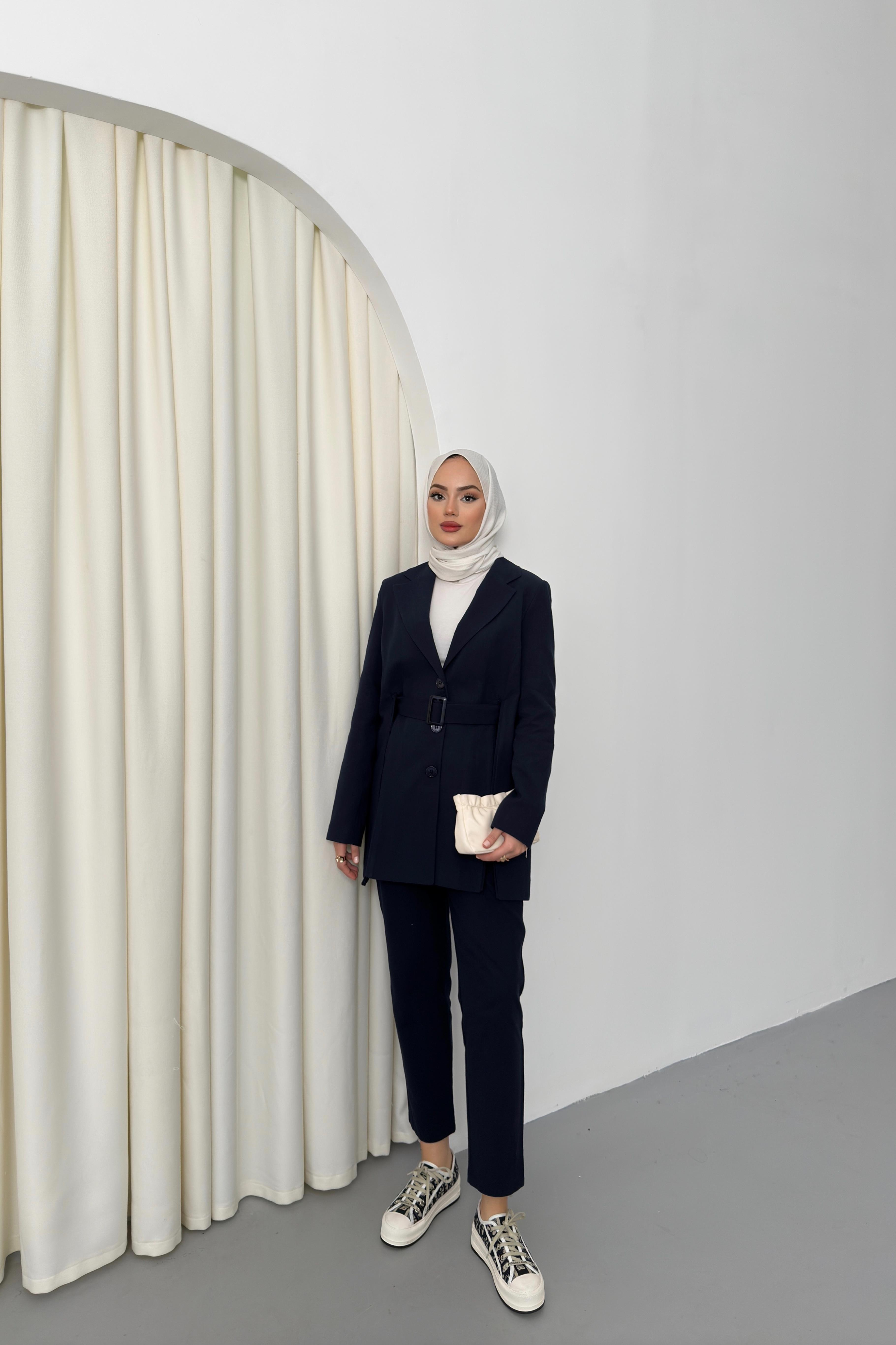 Yırtmaçlı Keten Pantolonlu Takım - Lacivert