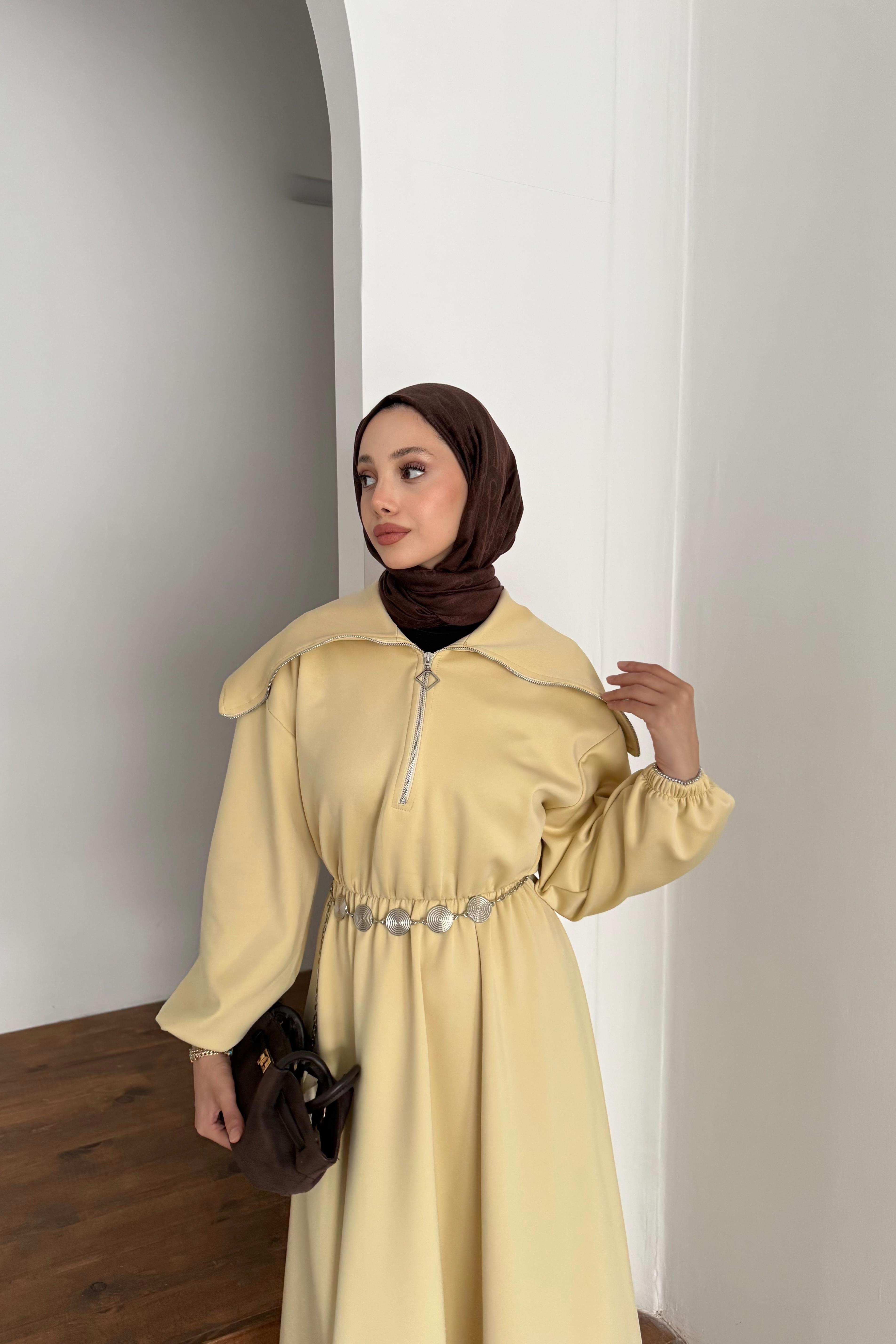 Zincir Kemerli Scuba Elbise - Sarı