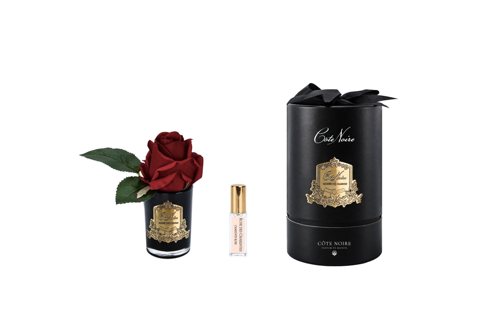 Cote Noire -  Tek Güllü Bordo & Gold Siyah Vazolu Kokulu Çiçek