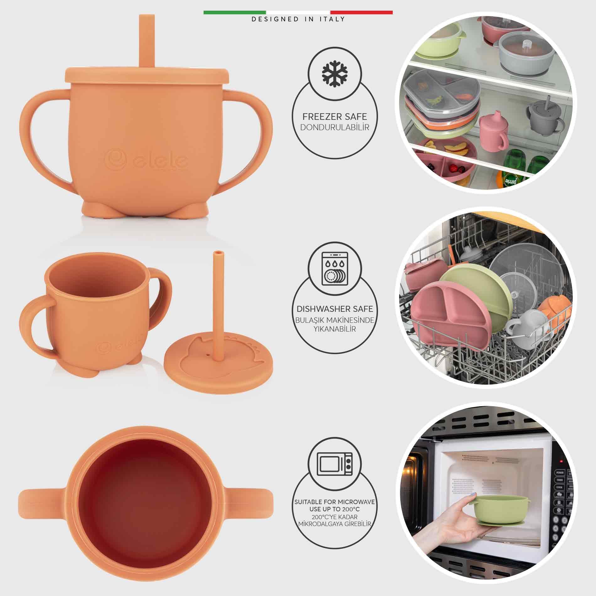 Elele 2in1 Silikon Bebek Alıştırma Bardağı Kulplu ve Pipetli Turuncu
