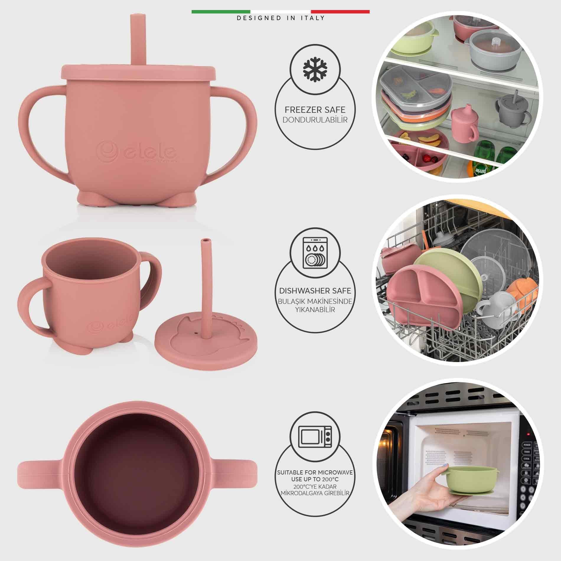 Elele 2in1 Silikon Bebek Alıştırma Bardağı Kulplu ve Pipetli Rose