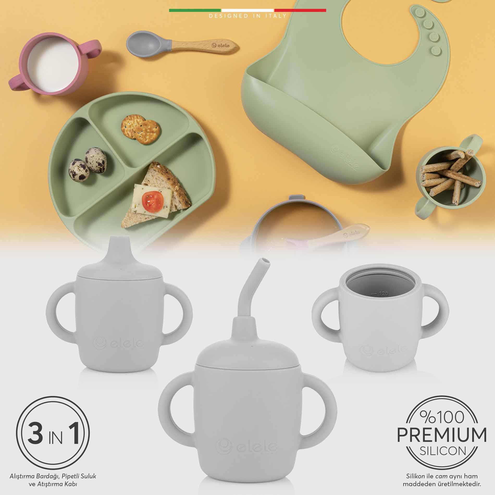 Elele 3in1 Silikon Bebek Alıştırma Bardağı Seti Kulplu ve Pipetli Gri
