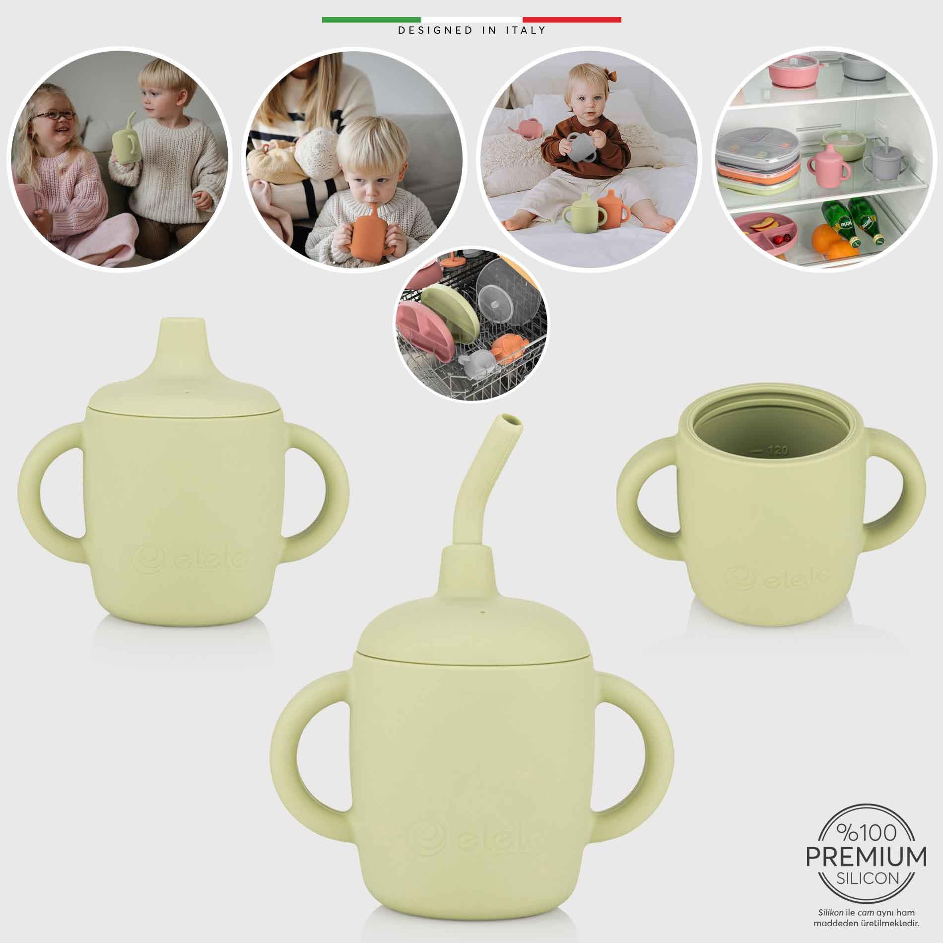 Elele 3in1 Silikon Bebek Alıştırma Bardağı Seti Kulplu ve Pipetli Yeşil