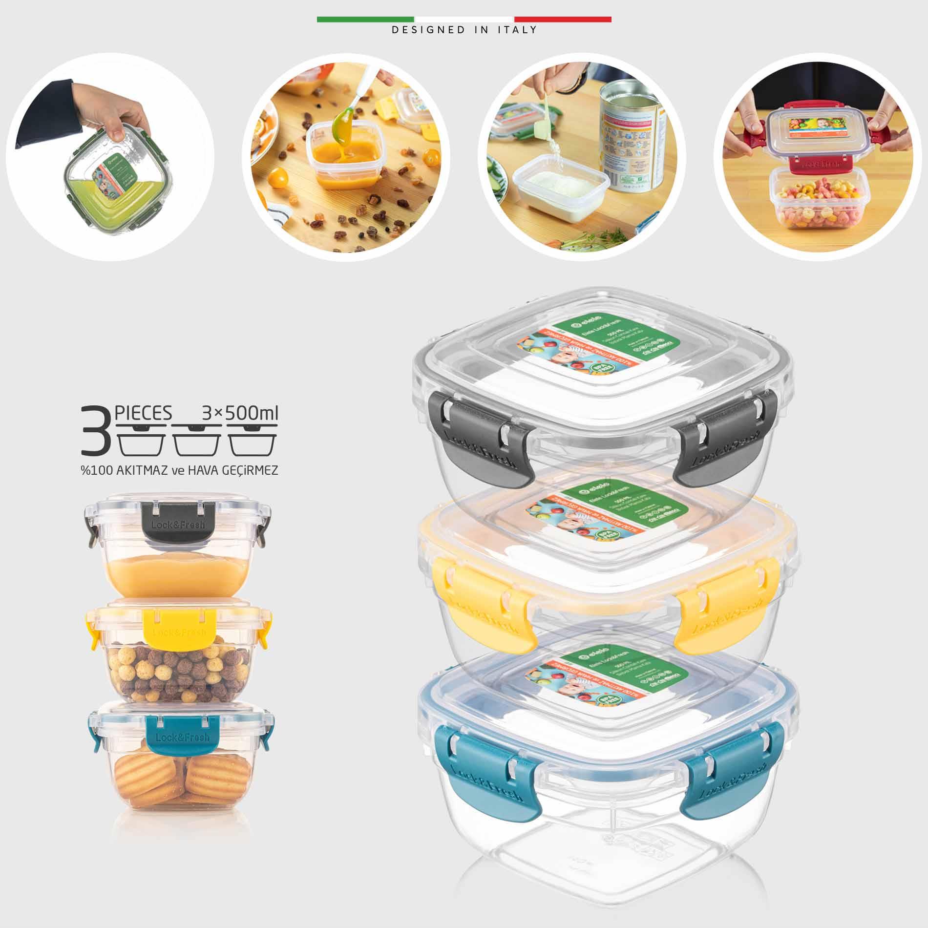 Elele 3'lü Bebek Toz Mama Kabı Mama Saklama Kabı Lock and Fresh 500 Ml MSG