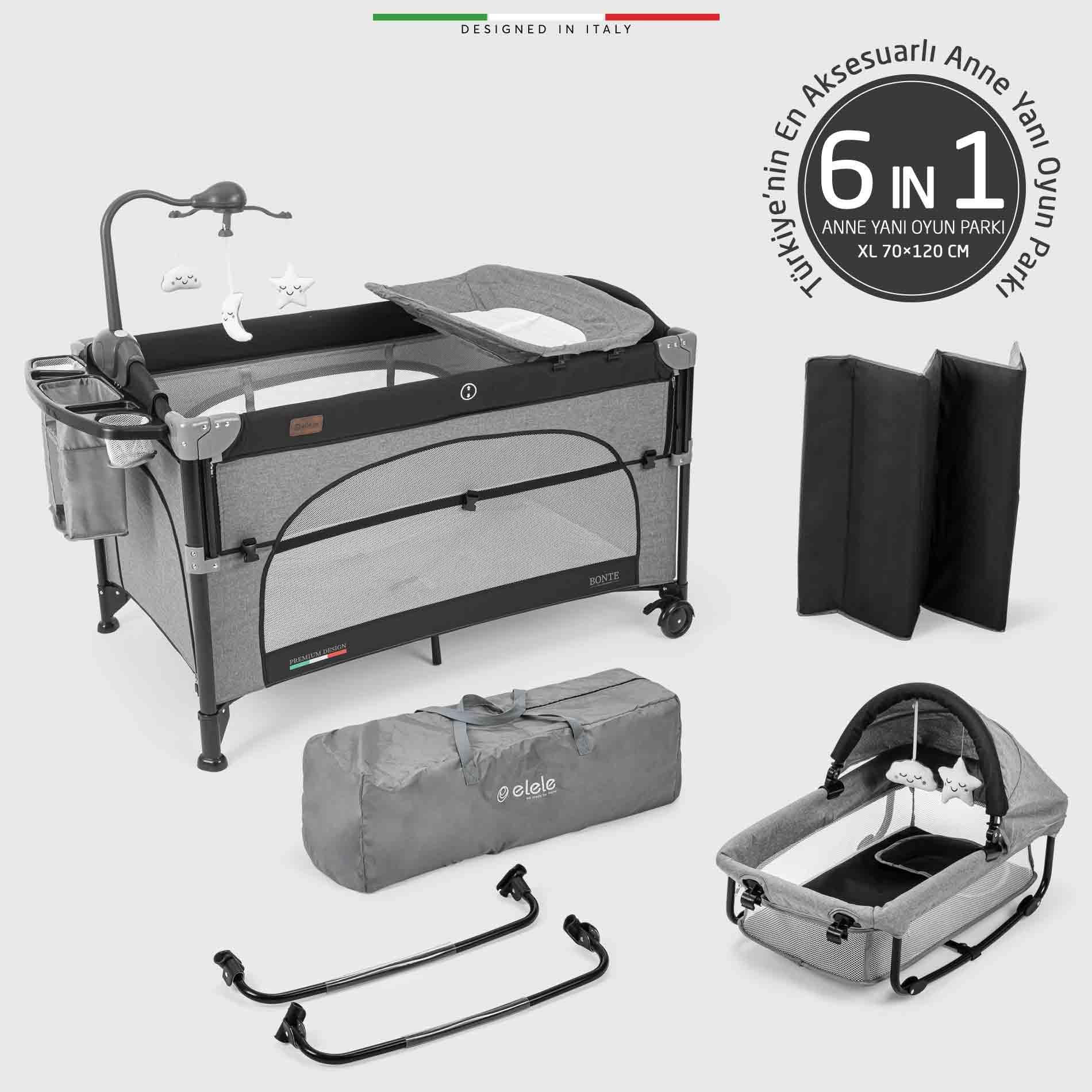 Elele Bonte 2 6in1 Lüks Anne Yanı Oyun Parkı Park Yatak XL 70x120 cm Kahverengi