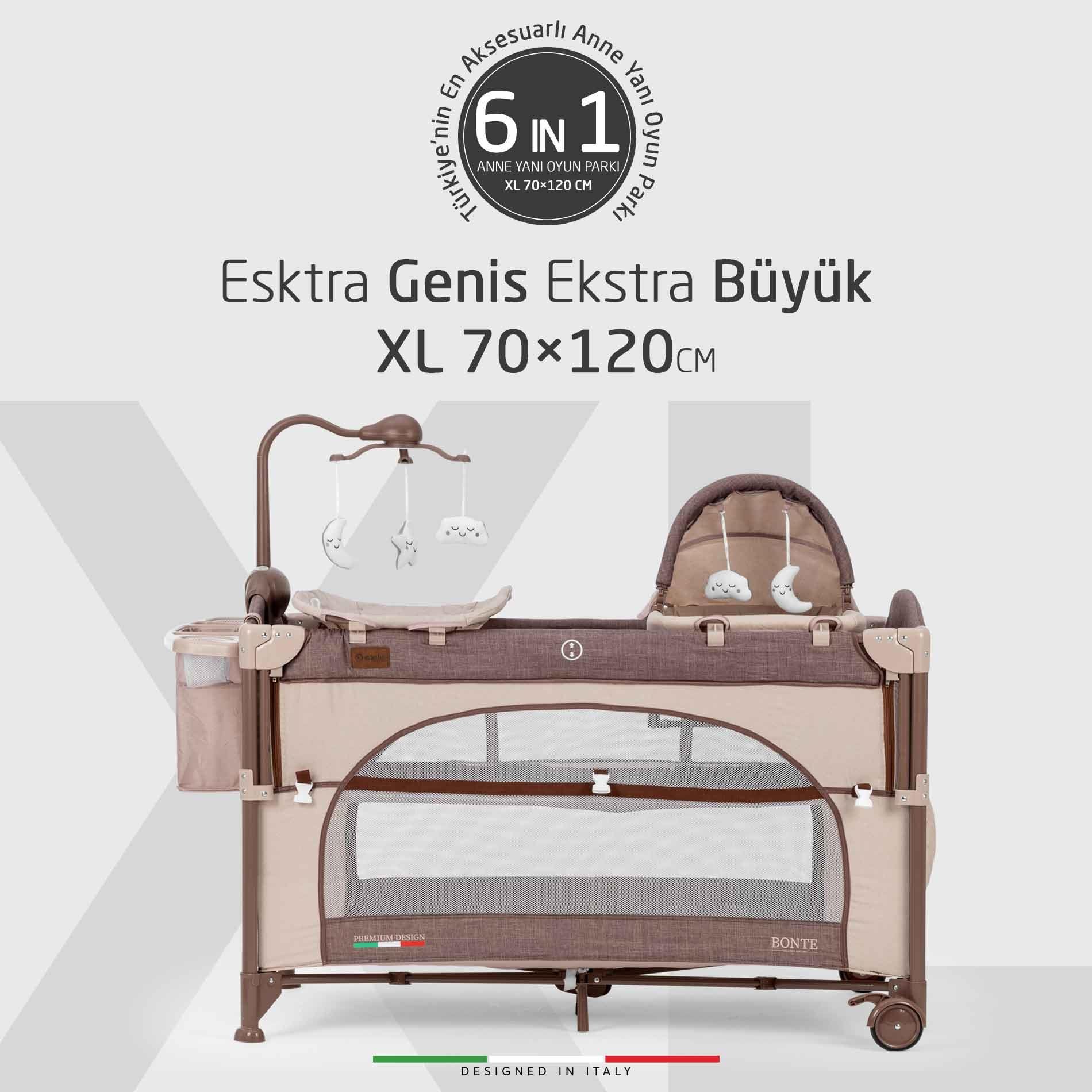 Elele Bonte 2 6in1 Lüks Anne Yanı Oyun Parkı Park Yatak XL 70x120 cm Kahverengi