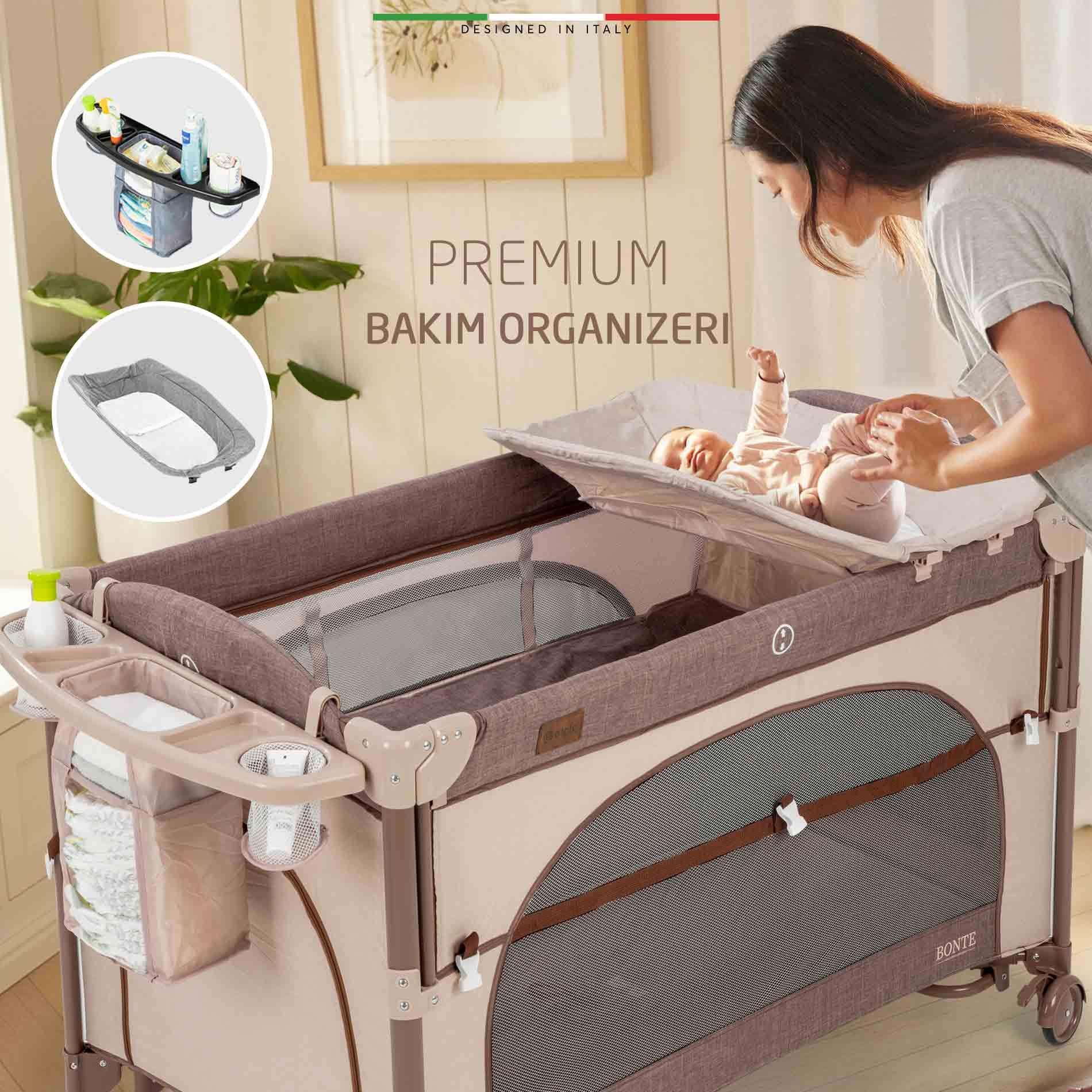 Elele Bonte 2 6in1 Lüks Anne Yanı Oyun Parkı Park Yatak XL 70x120 cm Kahverengi