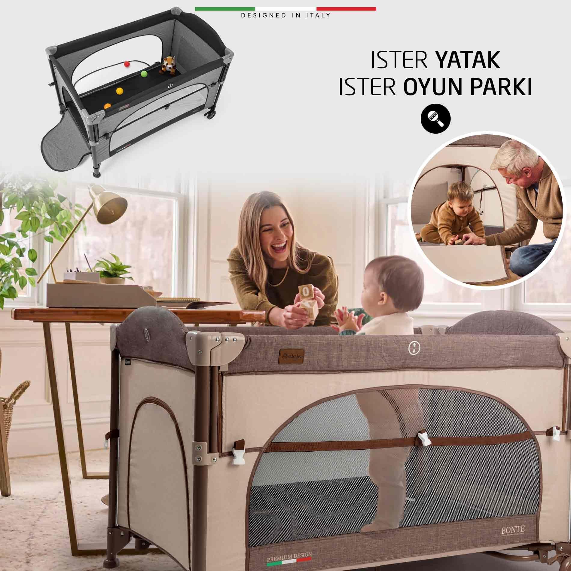 Elele Bonte 2 6in1 Lüks Anne Yanı Oyun Parkı Park Yatak XL 70x120 cm Kahverengi