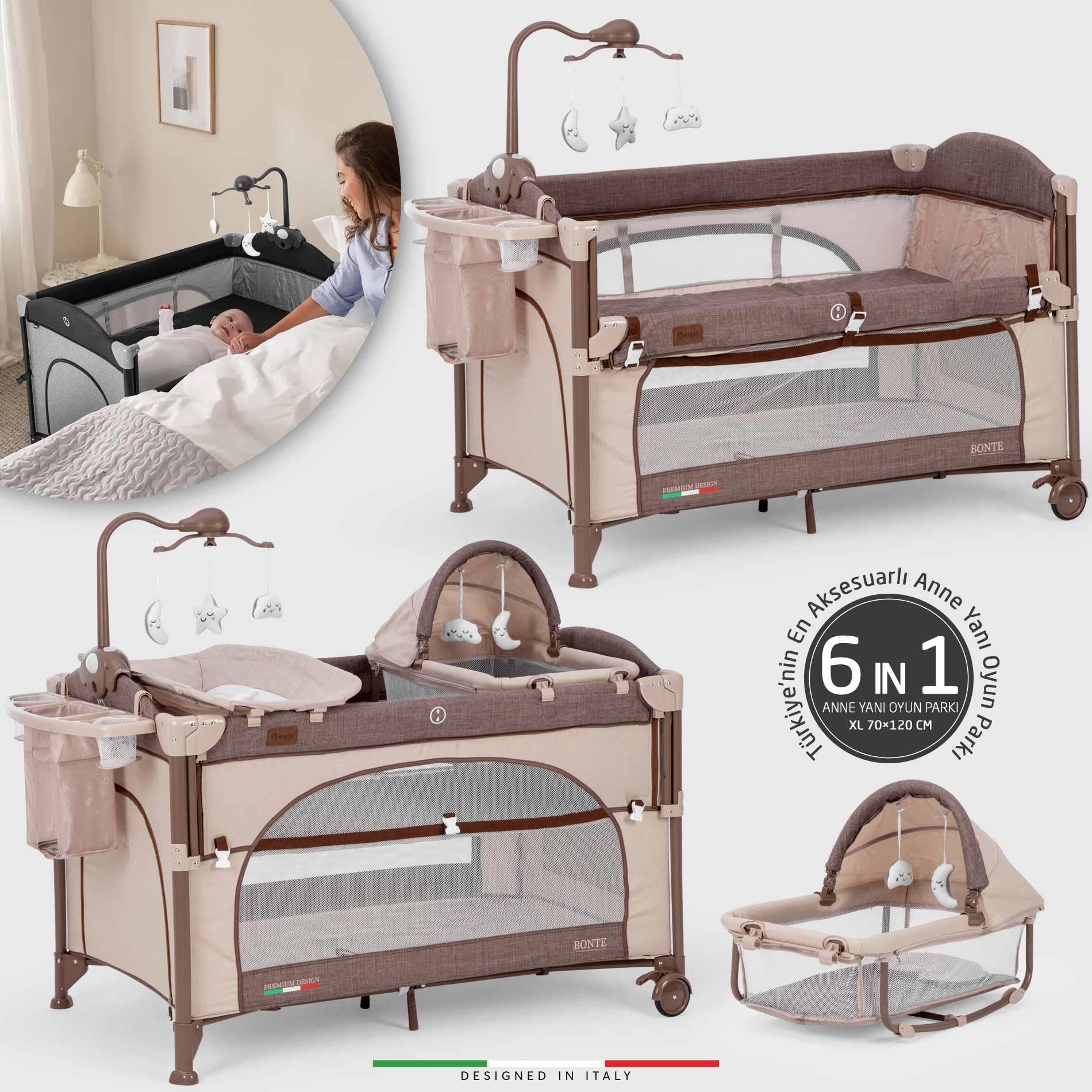 Elele Bonte 2 6in1 Lüks Anne Yanı Oyun Parkı Park Yatak XL 70x120 cm Kahverengi