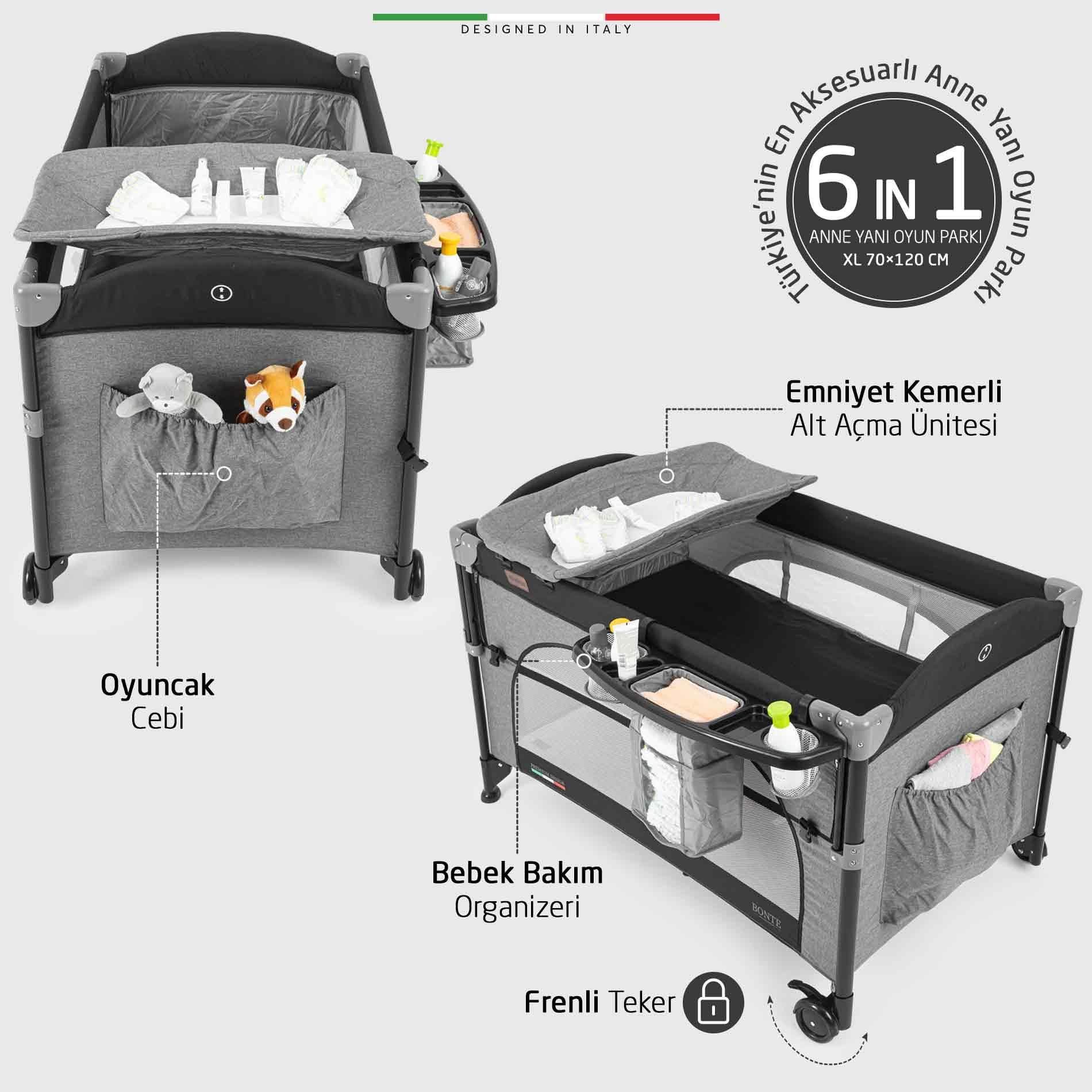 Elele Bonte 2 6in1 Lüks Anne Yanı Oyun Parkı Park Yatak XL 70x120 cm Kahverengi