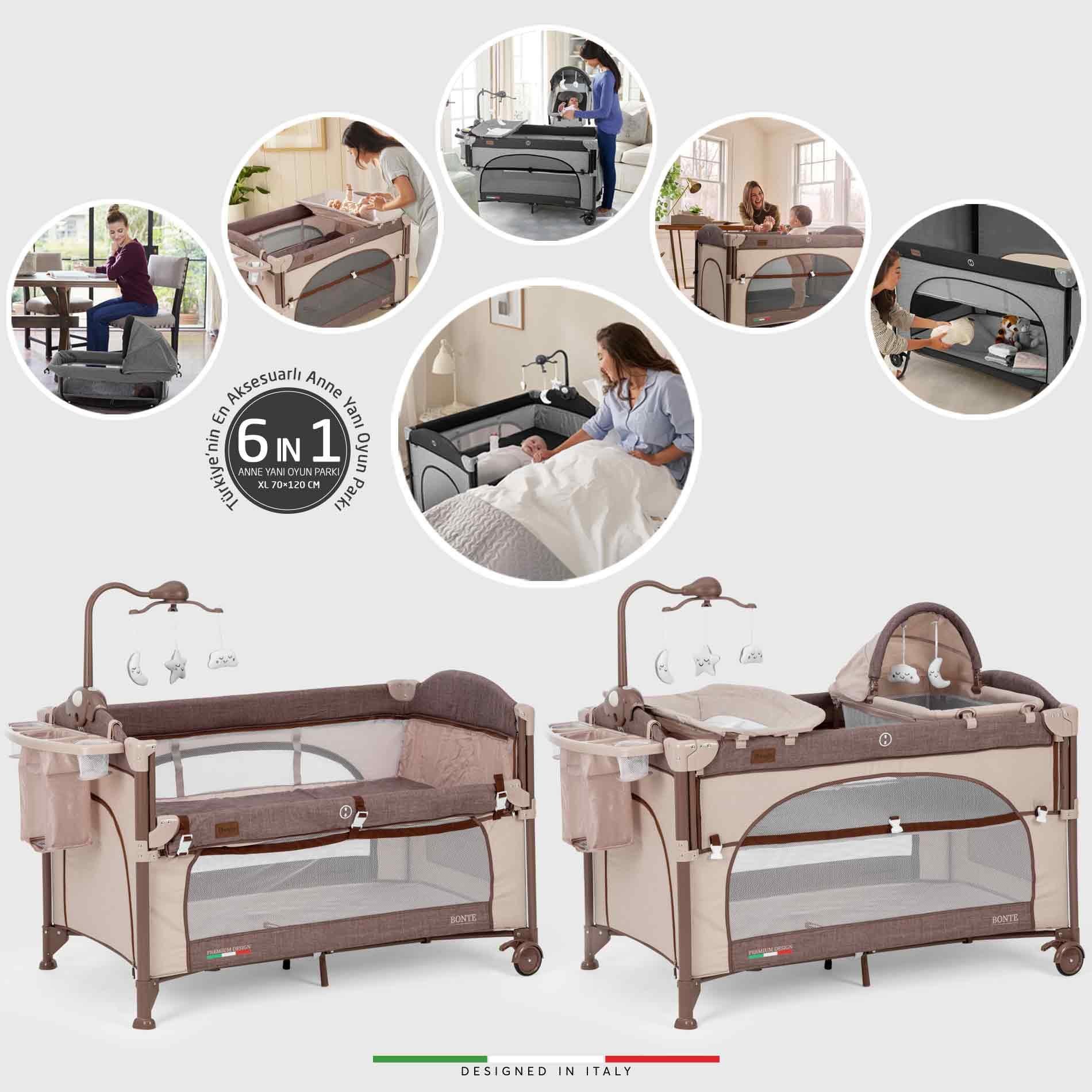 Elele Bonte 2 6in1 Lüks Anne Yanı Oyun Parkı Park Yatak XL 70x120 cm Kahverengi