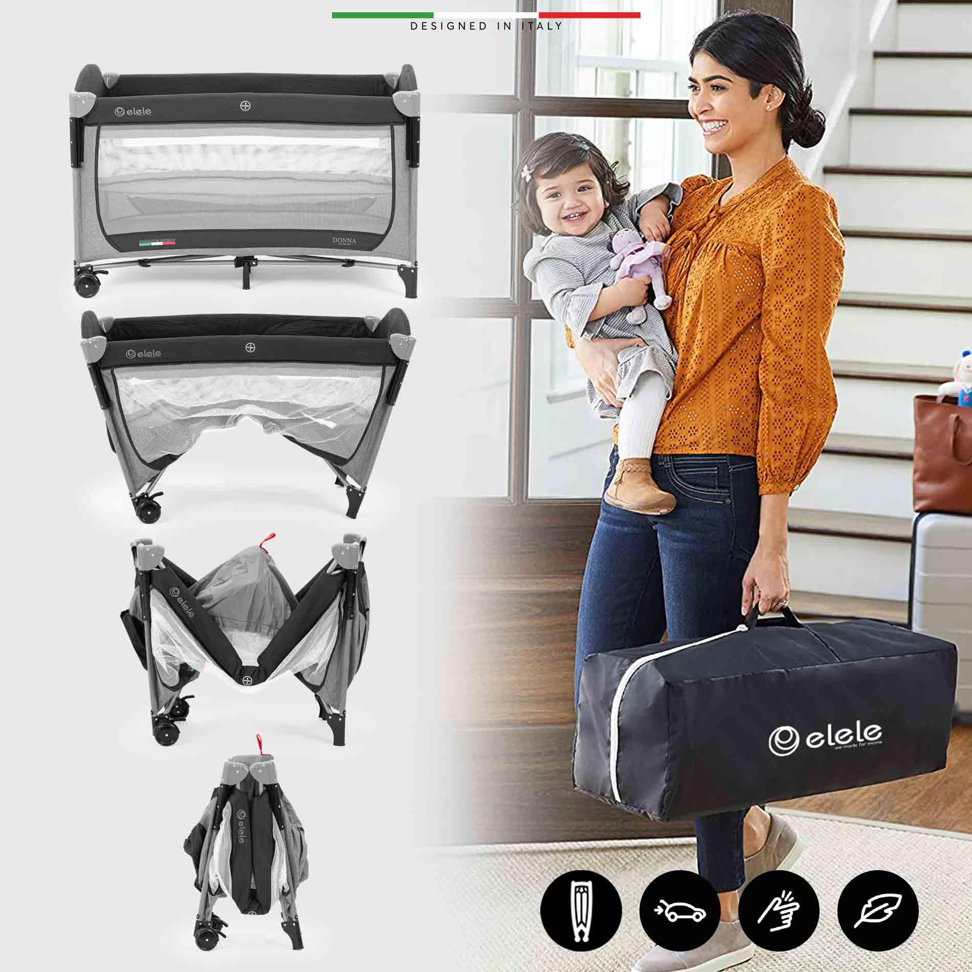 Elele Donna Anne Yanı Park Yatak Oyun Parkı XL 70x120 cm Gri-Siyah