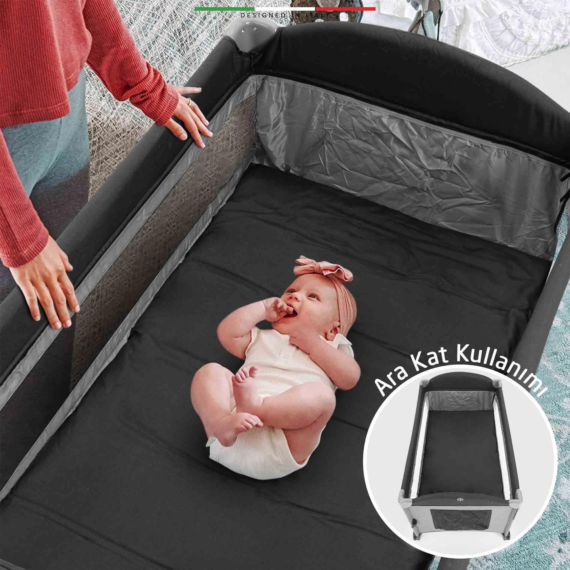 Elele Donna Anne Yanı Park Yatak Oyun Parkı XL 70x120 cm Gri-Siyah