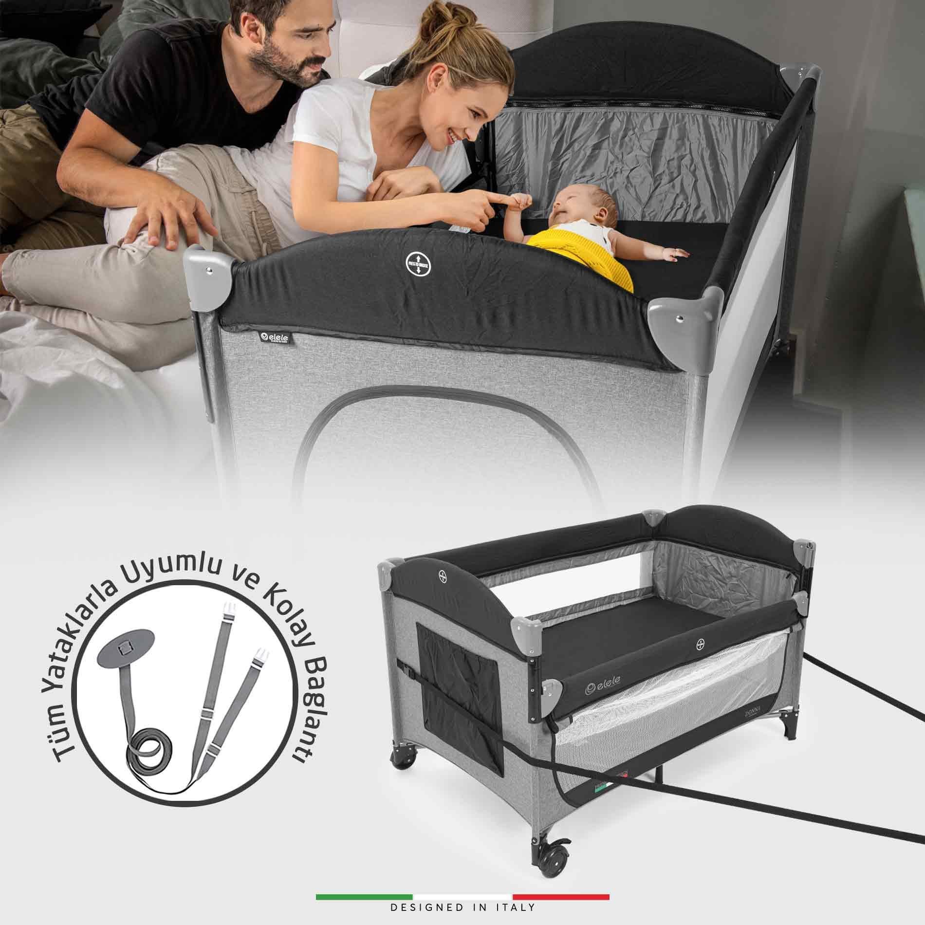 Elele Donna Anne Yanı Park Yatak Oyun Parkı XL 70x120 cm Gri-Siyah