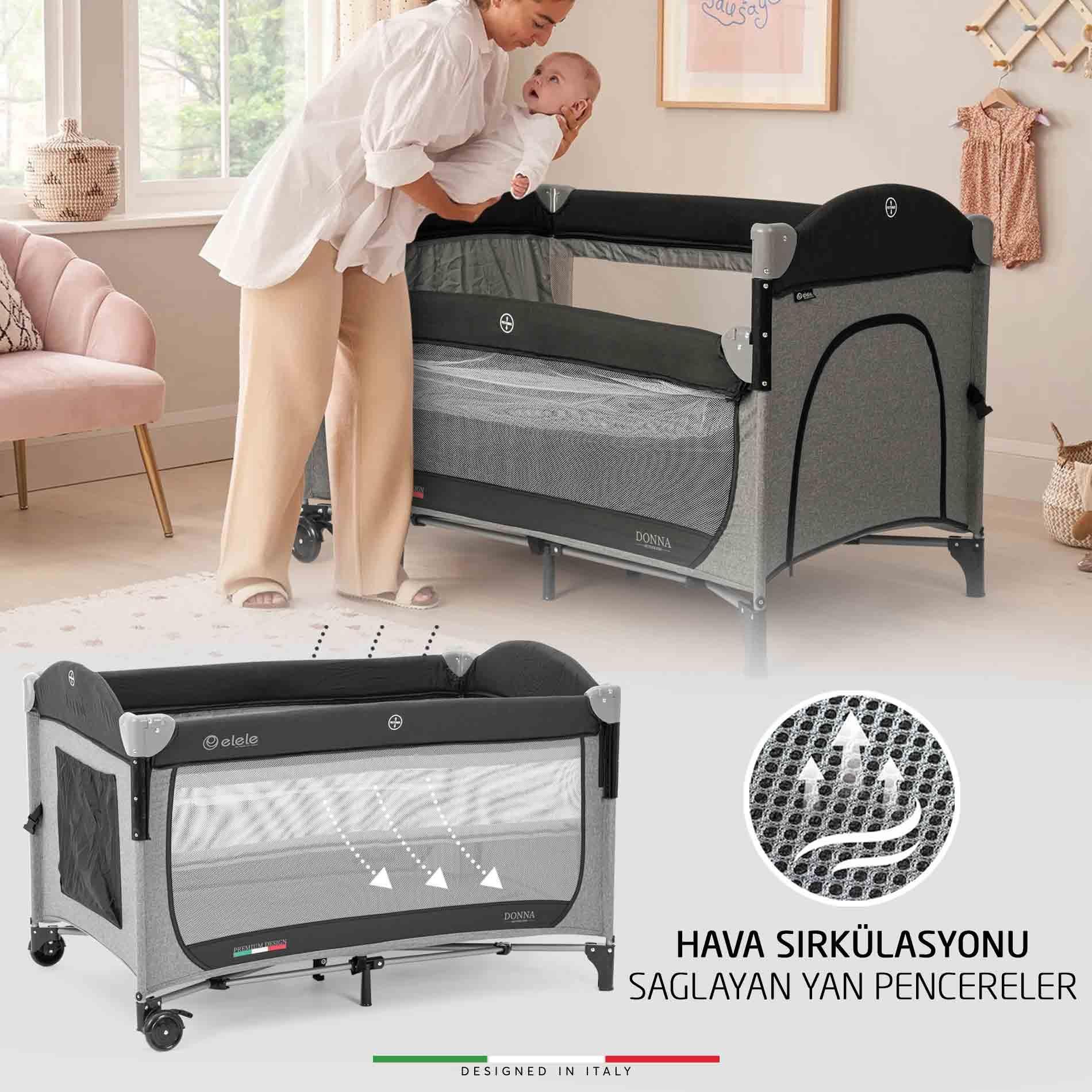 Elele Donna Anne Yanı Park Yatak Oyun Parkı XL 70x120 cm Gri-Siyah