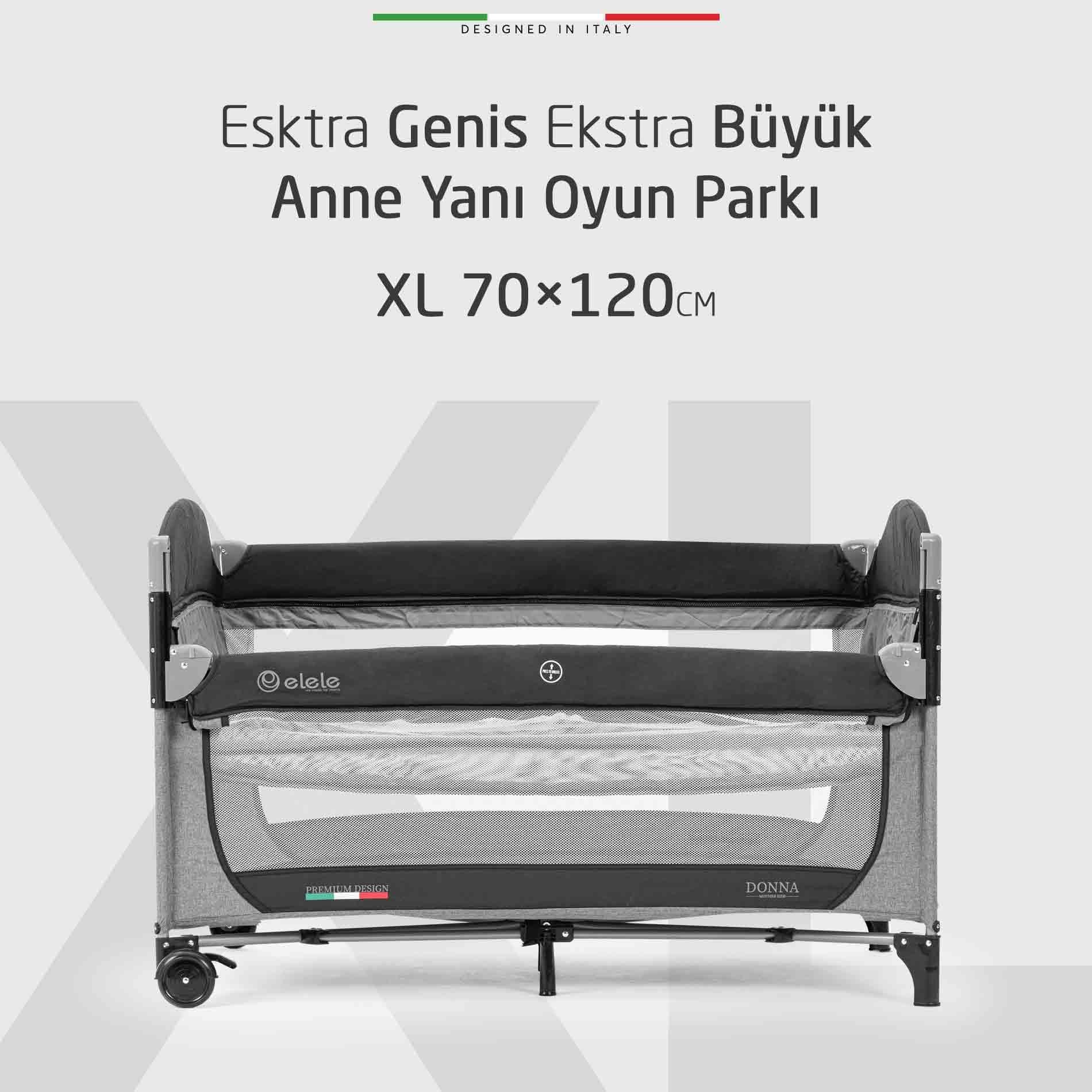 Elele Donna Anne Yanı Park Yatak Oyun Parkı XL 70x120 cm Gri-Siyah