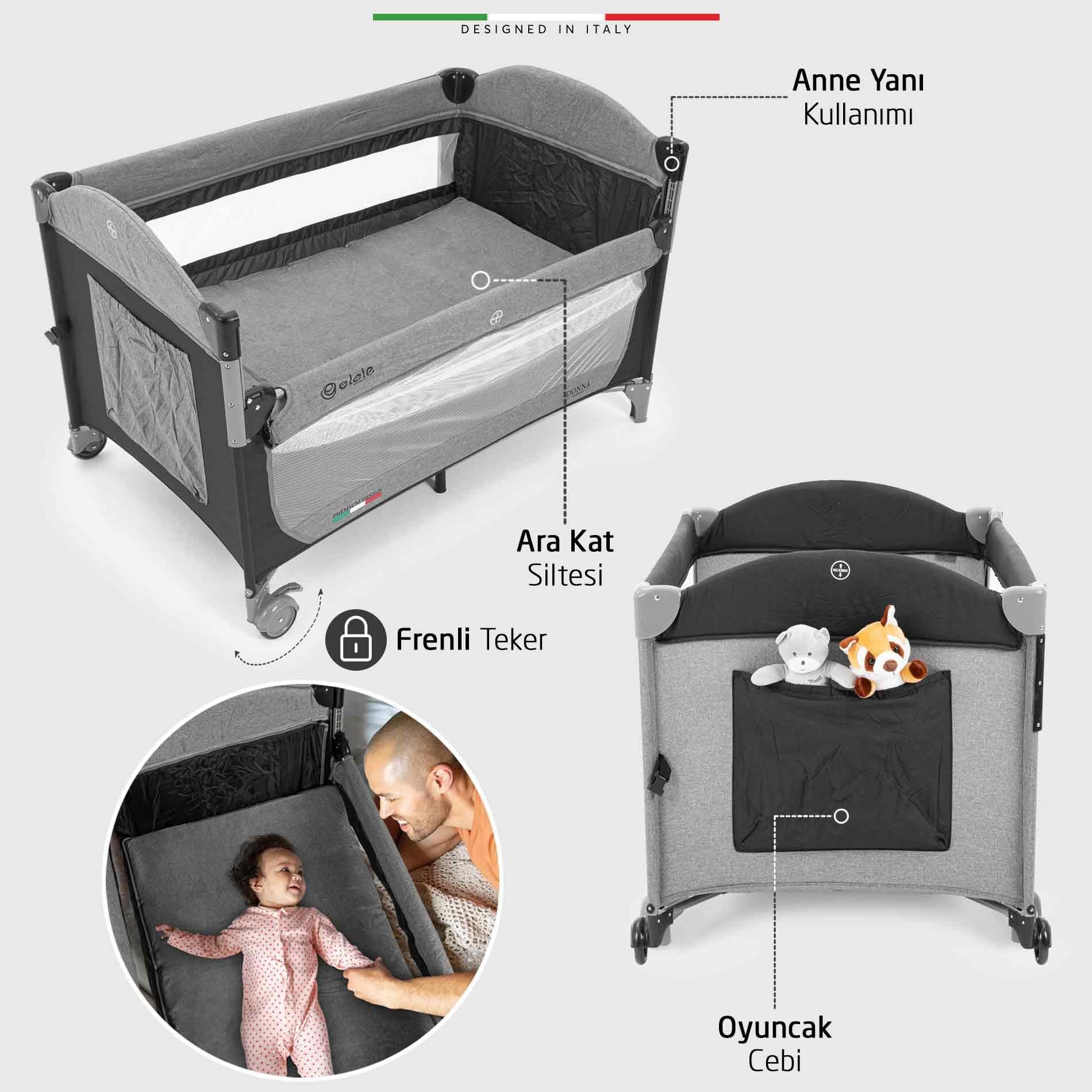 Elele Donna Anne Yanı Park Yatak Oyun Parkı XL 70x120 cm Gri-Siyah