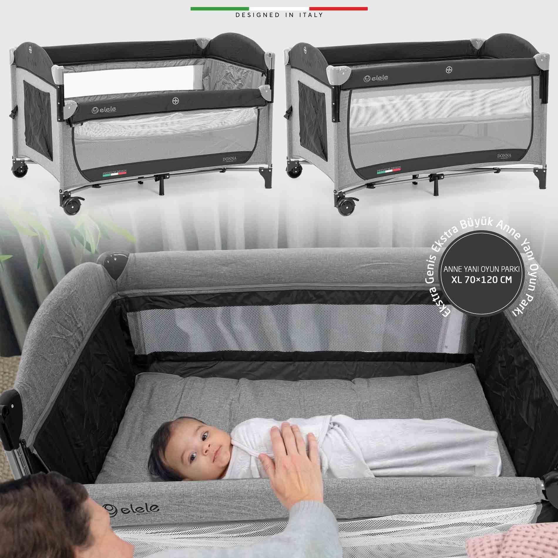 Elele Donna Anne Yanı Park Yatak Oyun Parkı XL 70x120 cm Gri-Siyah