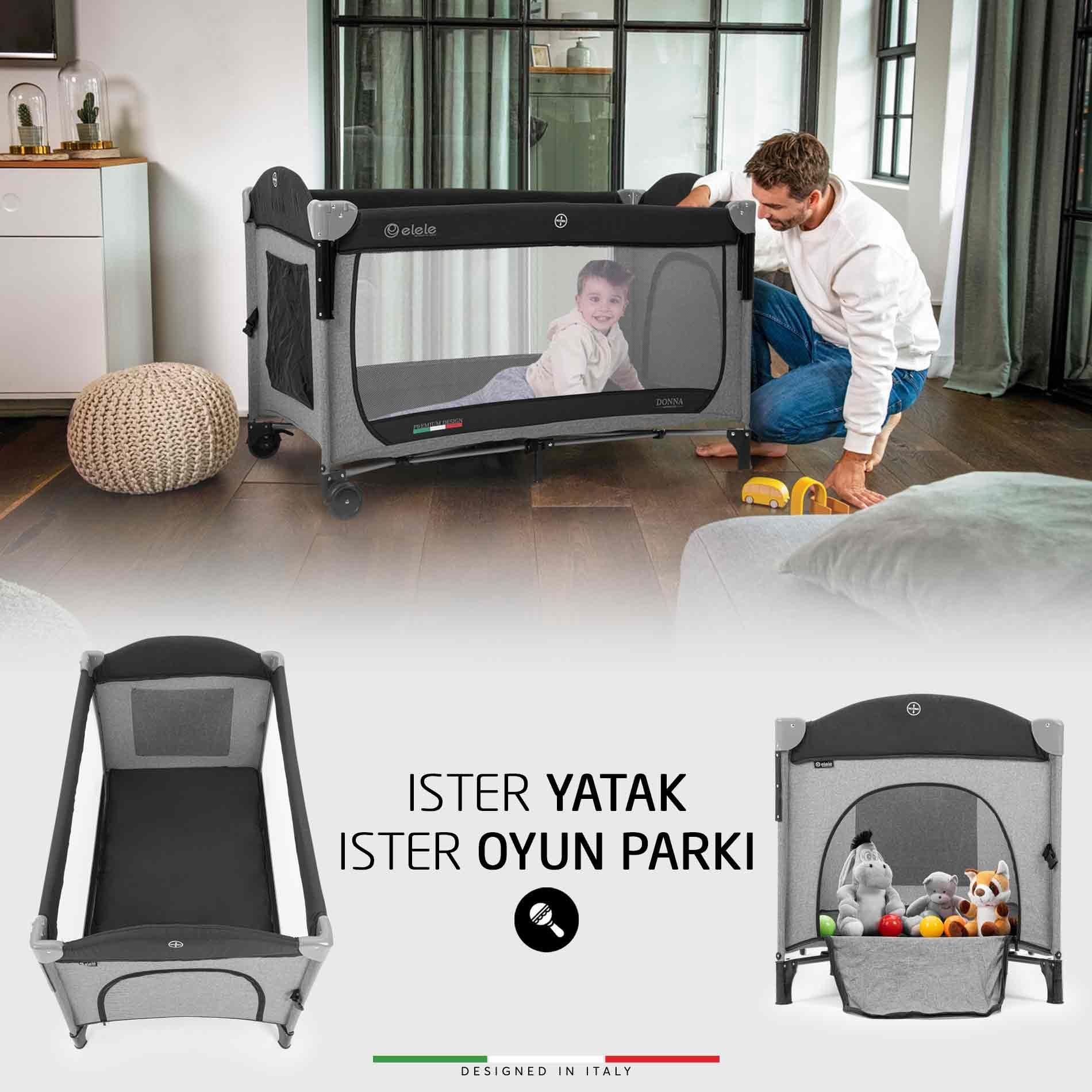 Elele Donna Anne Yanı Park Yatak Oyun Parkı XL 70x120 cm Gri-Siyah