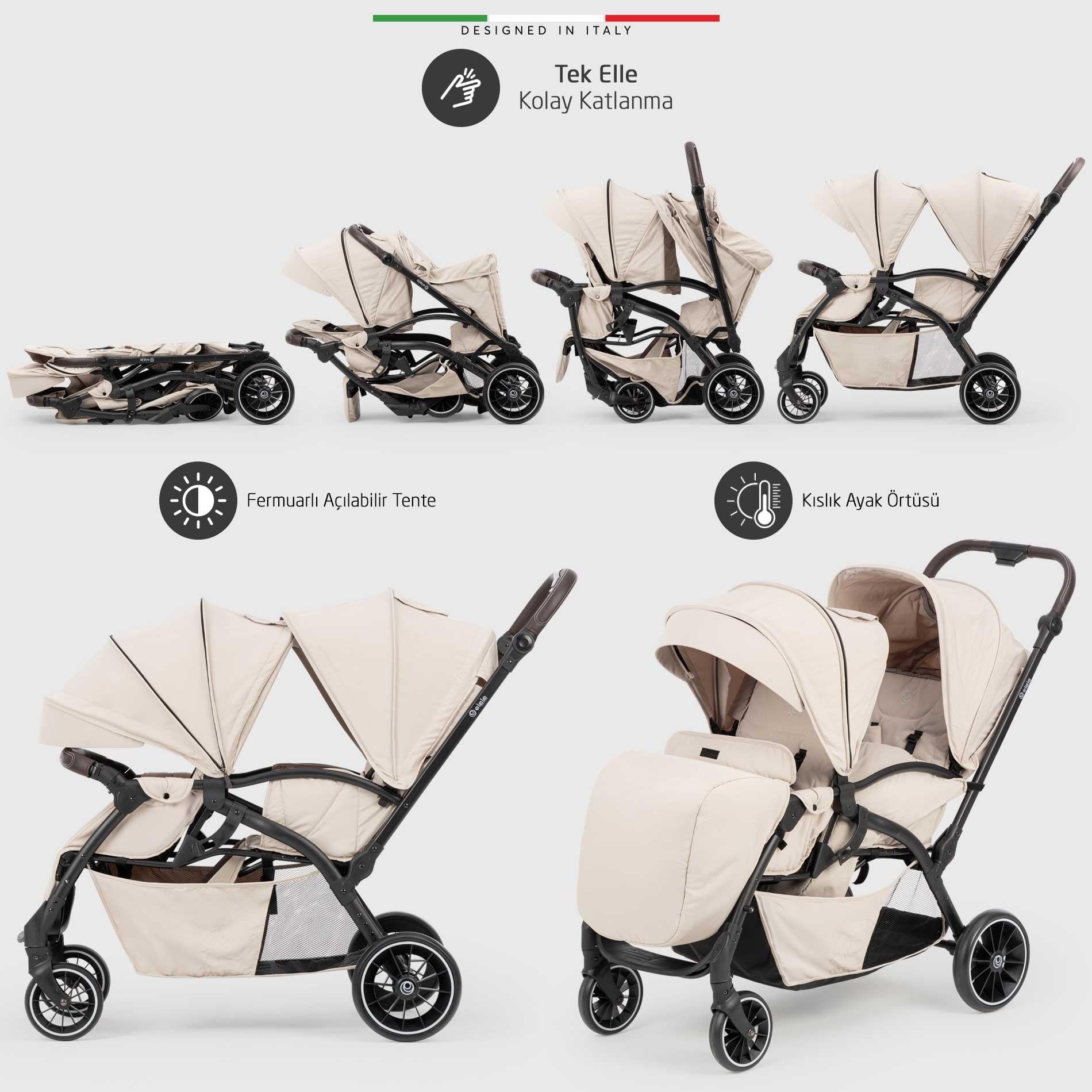 Elele Due Arka Arkaya İkiz Bebek Arabası Yeşil