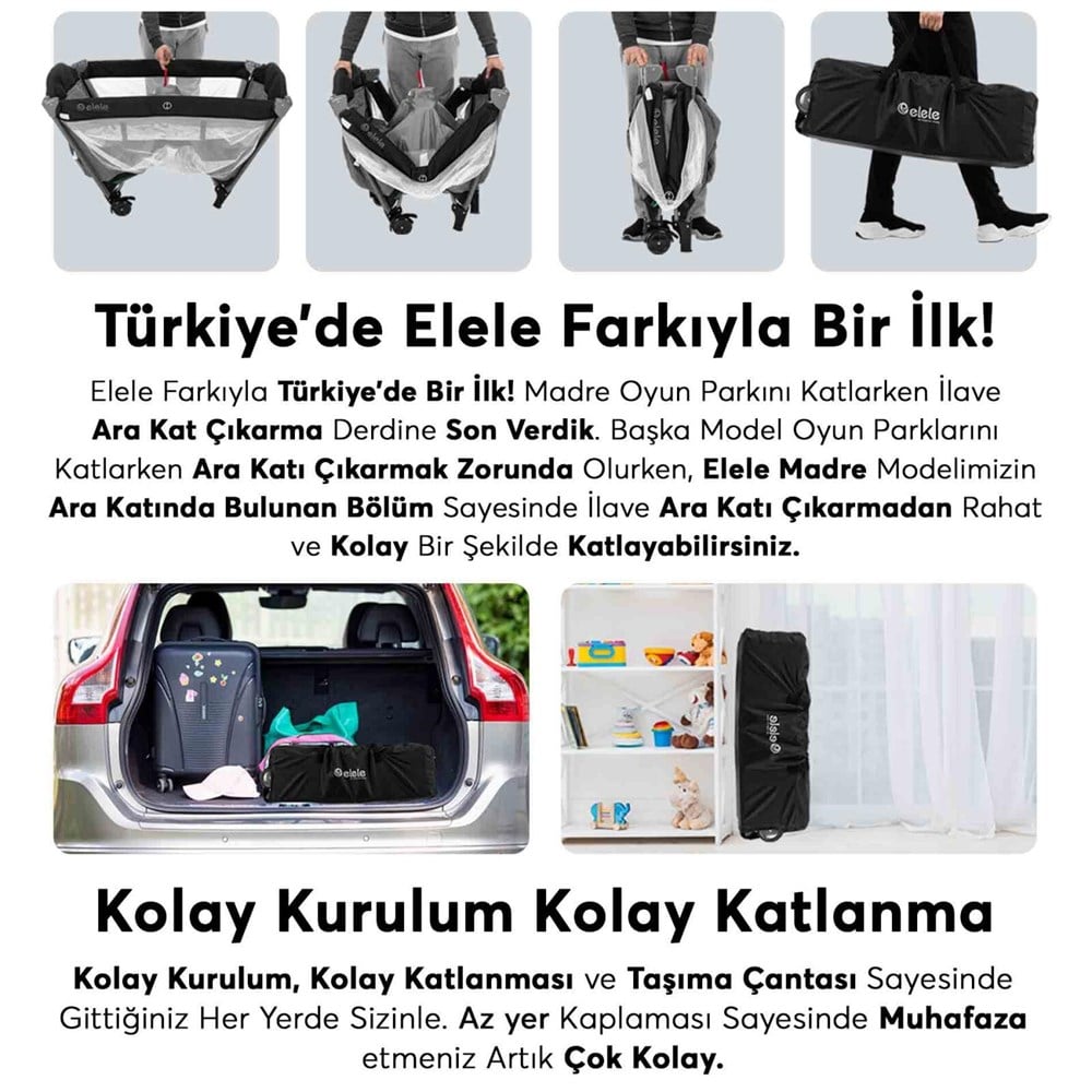 Elele Dumo Oyun Parkı Park Yatak 70x110 cm Siyah-Gri