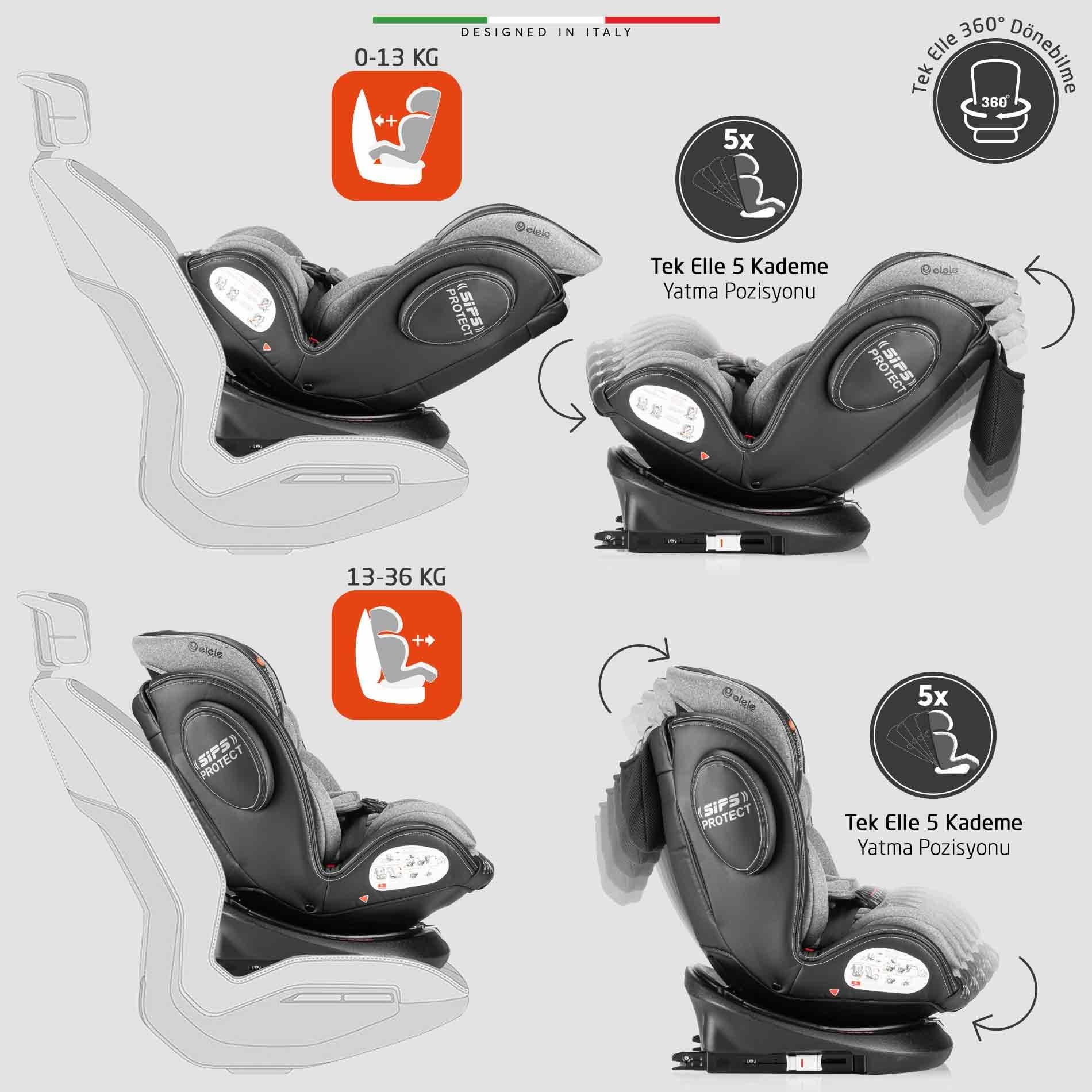 Elele EronaFix 360° Dönebilen İsofixli Oto Koltuğu 0-36 KG Gri