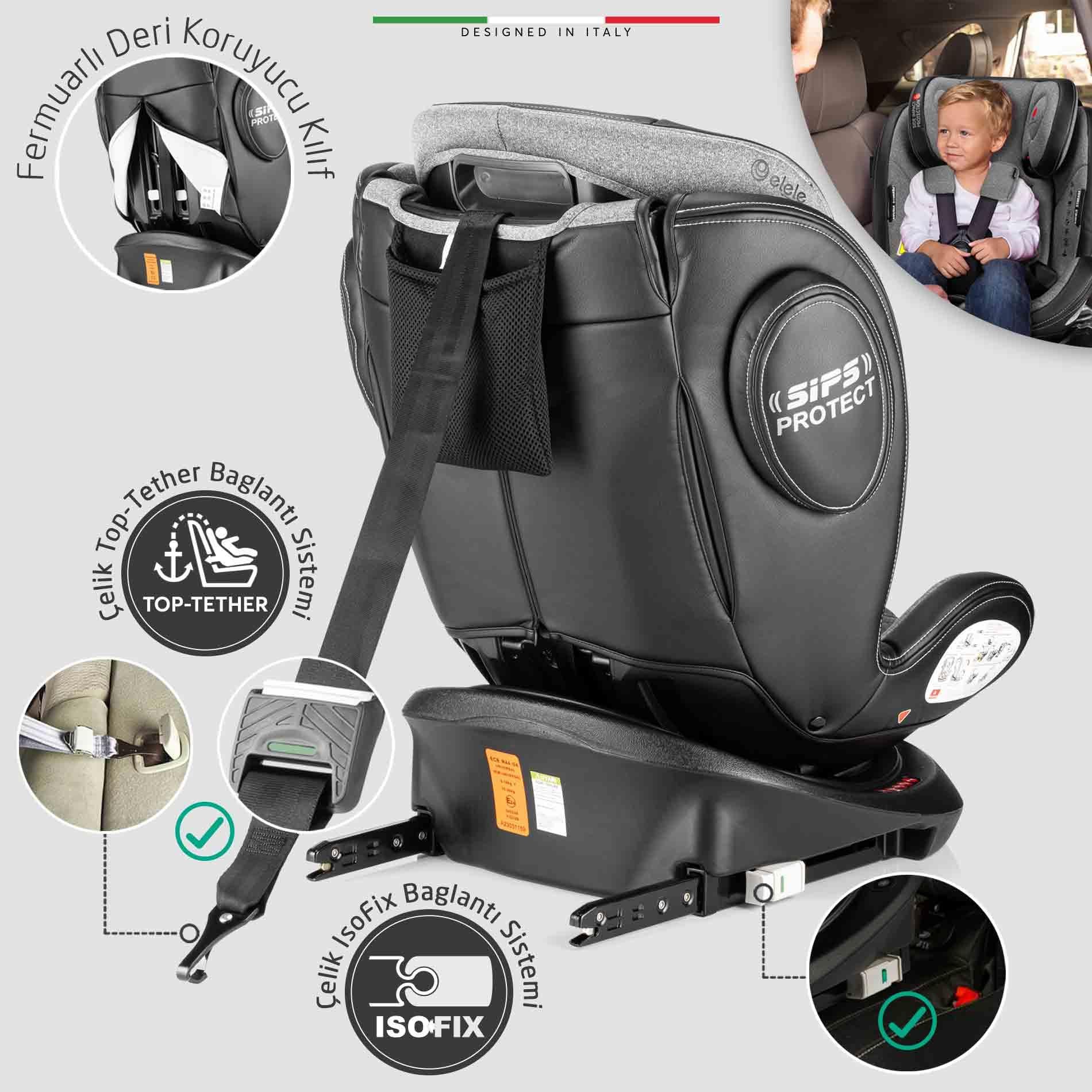 Elele EronaFix 360° Dönebilen İsofixli Oto Koltuğu 0-36 KG Gri-Siyah