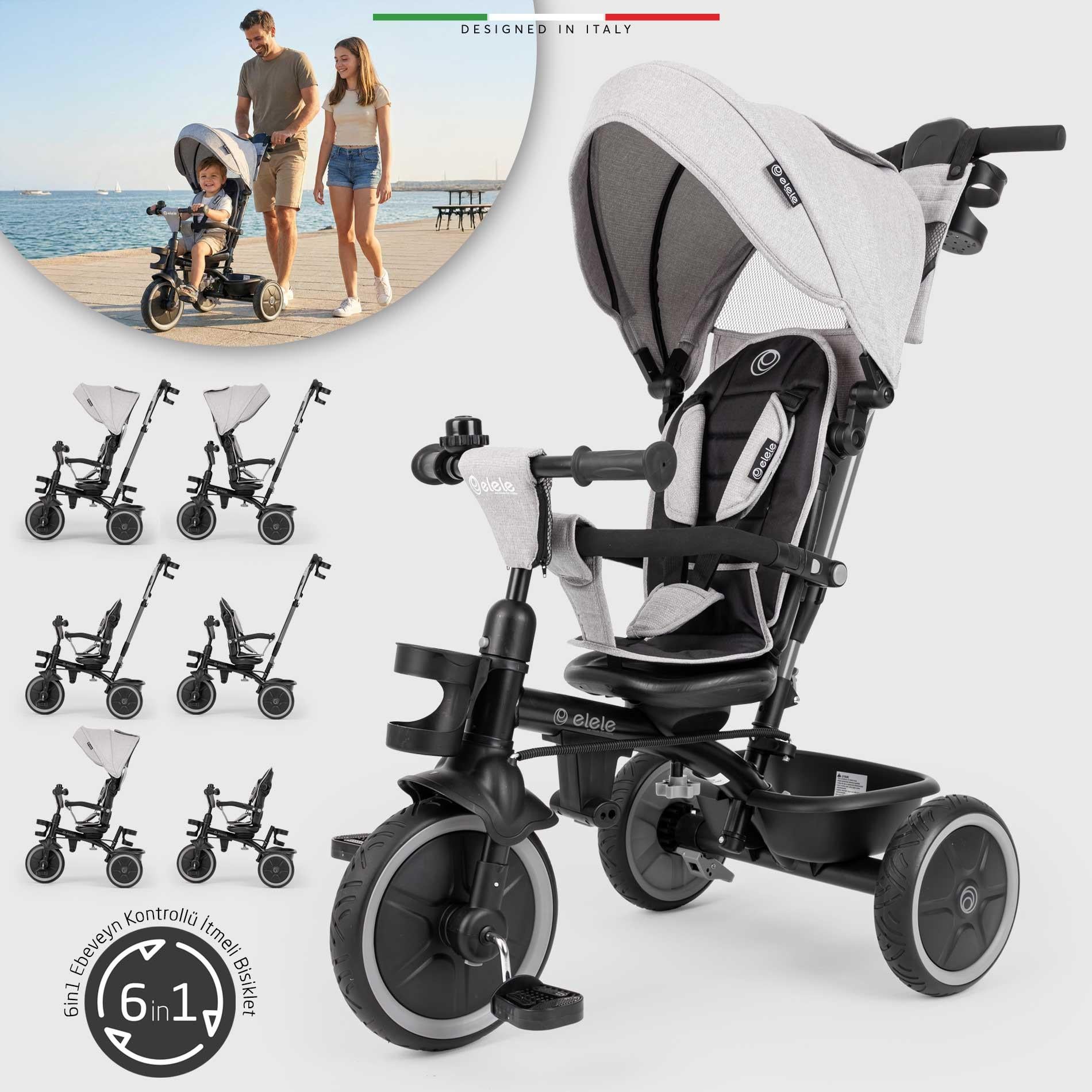 Elele Fertile 6in1 Ebeveyn Kontrollü 3 Tekerlekli Çocuk Bisikleti Çift Yönlü Gri