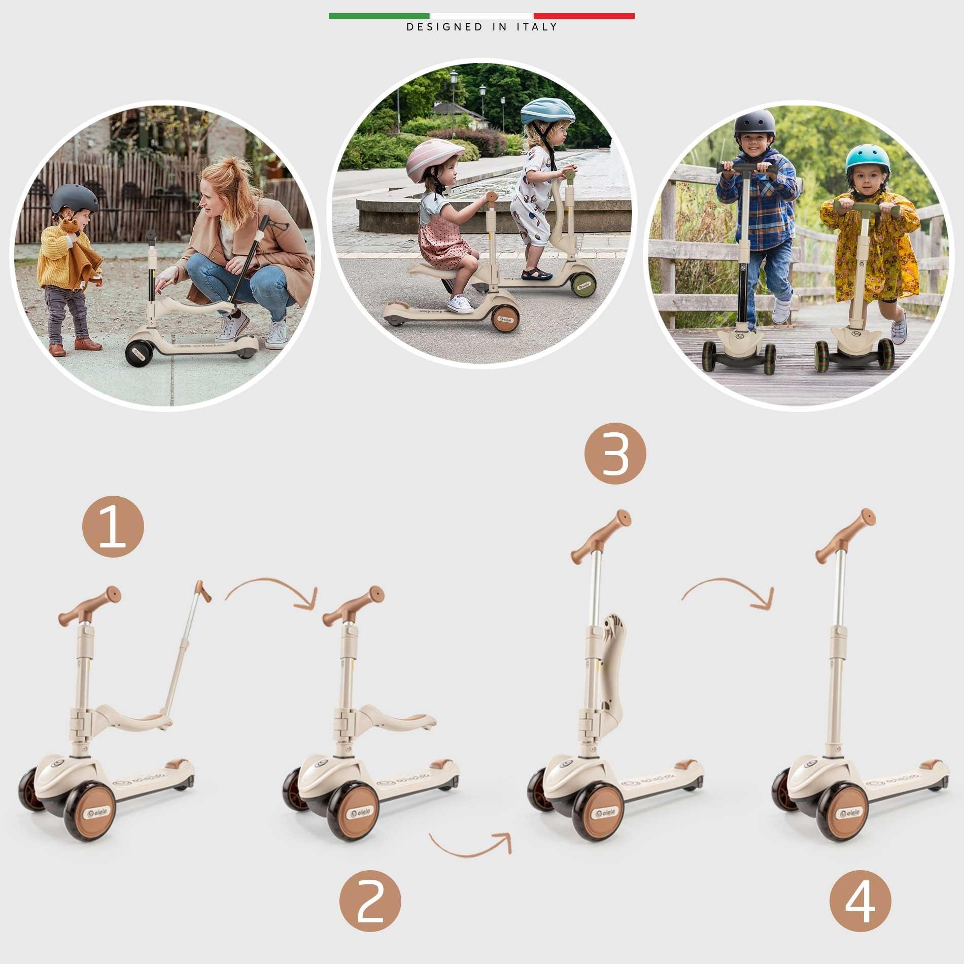 Elele Forte 3in1 Ebeveyn Kontrollü 3 Tekerlekli Çocuk Scooter Işıklı Oturaklı Kahverengi