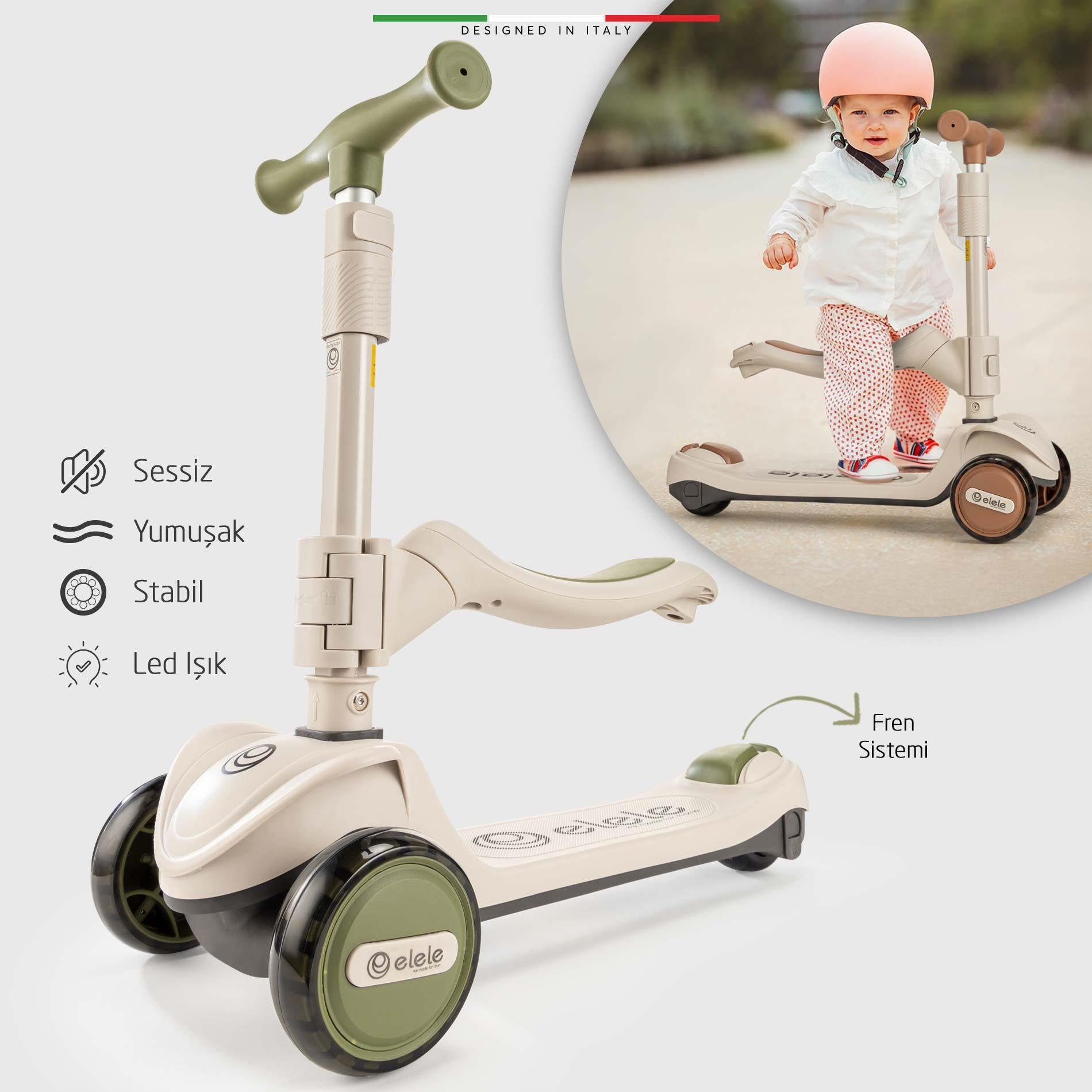 Elele Forte 3in1 Ebeveyn Kontrollü 3 Tekerlekli Çocuk Scooter Işıklı Oturaklı Kahverengi