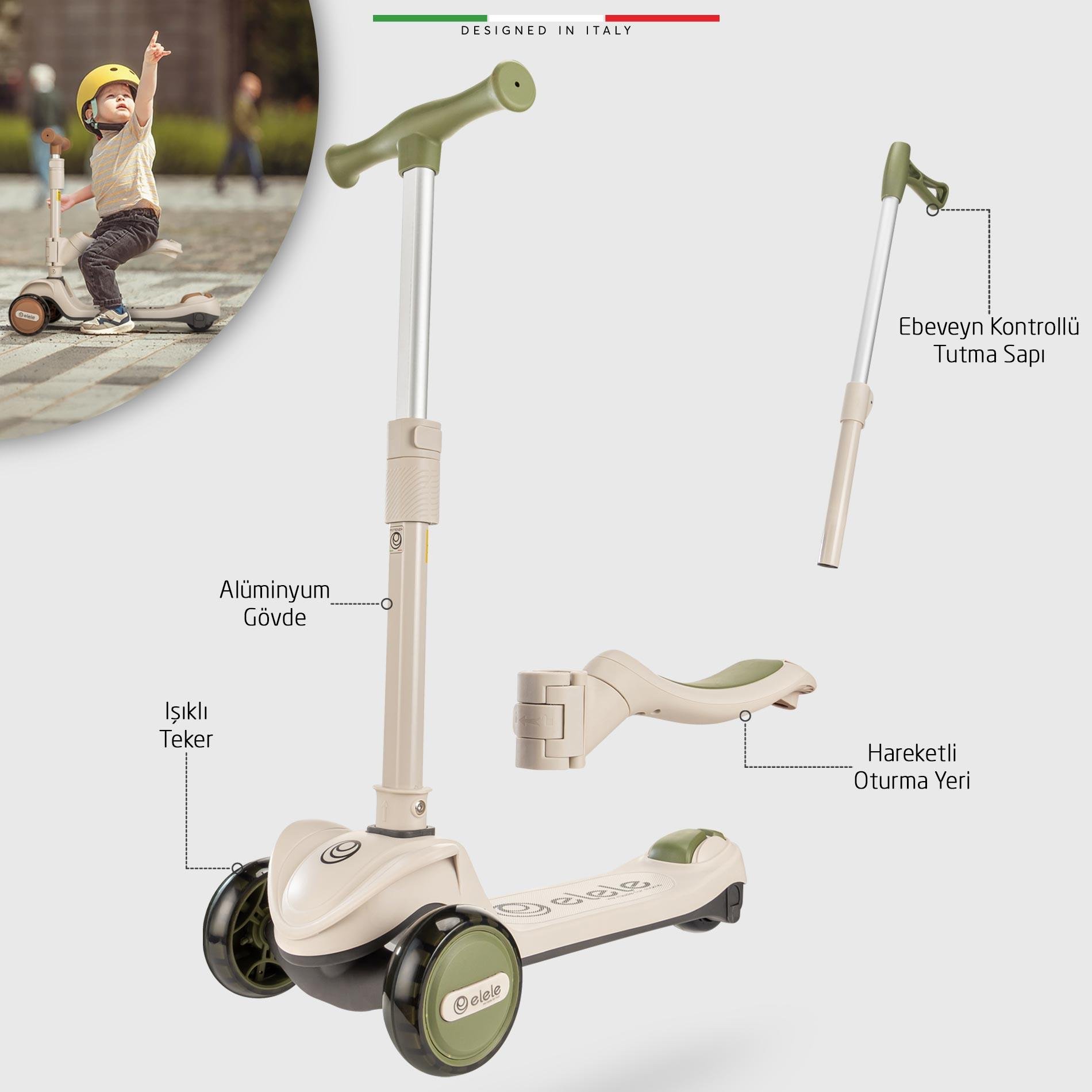 Elele Forte 3in1 Ebeveyn Kontrollü 3 Tekerlekli Çocuk Scooter Işıklı Oturaklı Yeşil