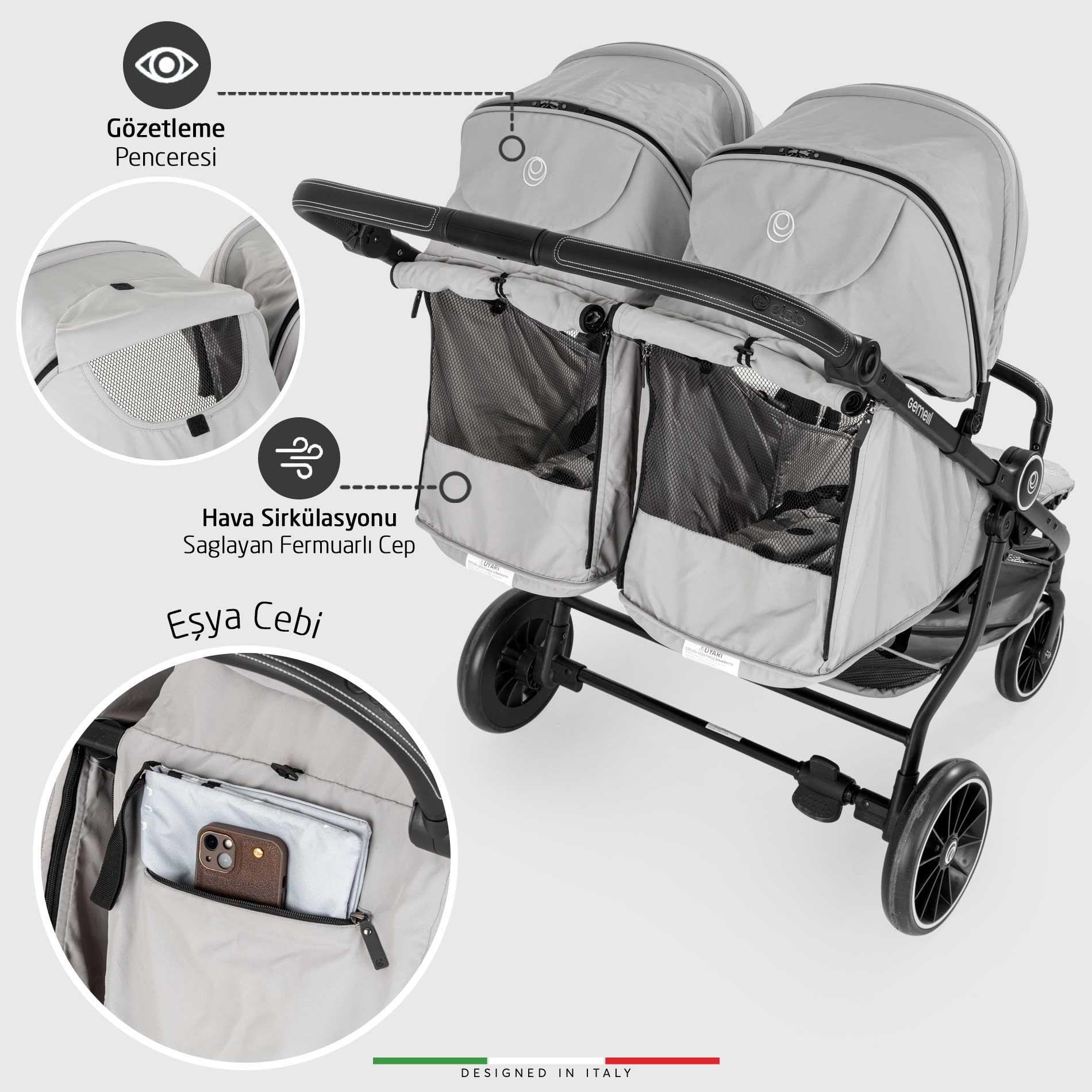 Elele Gemelli Yan Yana İkiz Bebek Arabası Siyah