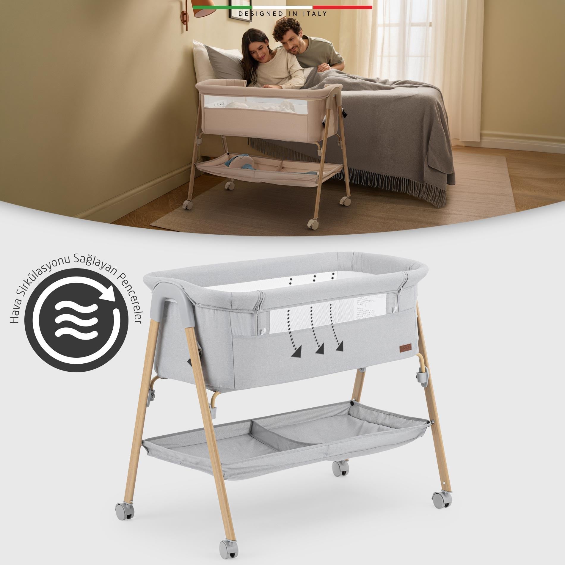 Elele Legno Anne Yanı Beşik ve Bebek Beşiği Gri