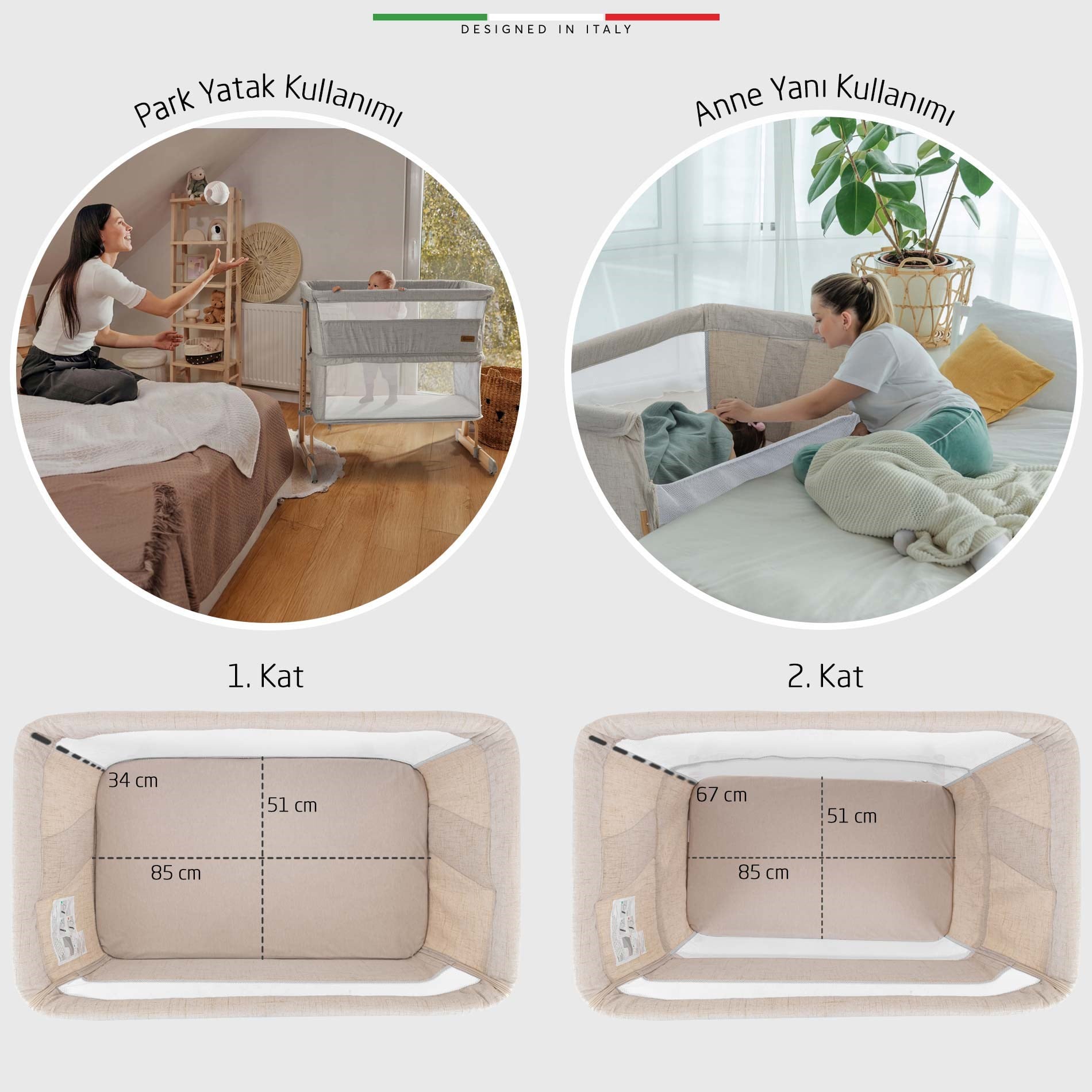 Elele Lettino 4in1 XL Büyüyebilen Anne Yanı Bebek Beşik Park Yatak 0-100 Kg Bej