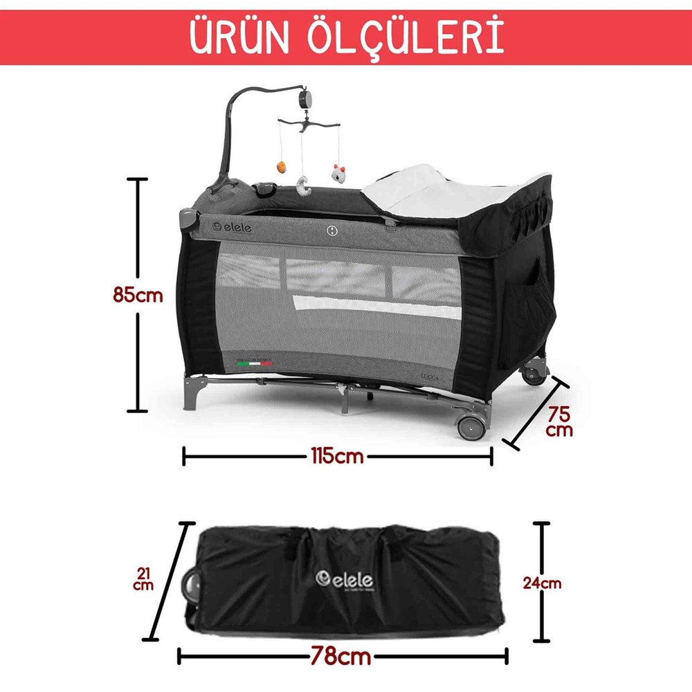 Elele Lucca Oyun Parkı Park Yatak 70x110 cm Siyah-Gri