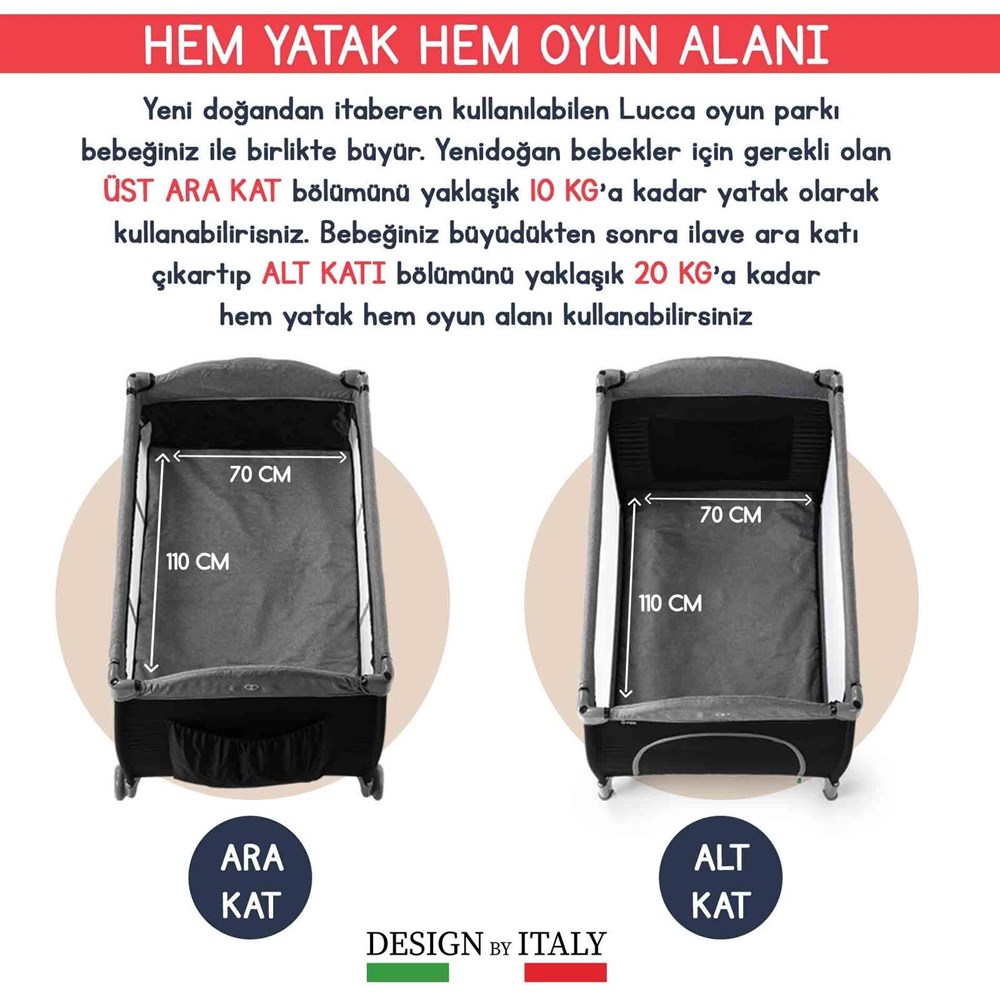 Elele Lucca Oyun Parkı Park Yatak 70x110 cm Siyah-Gri