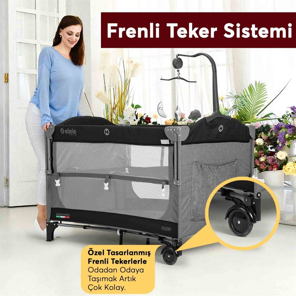 Elele Madre Anne Yanı Park Yatak Oyun Parkı 70x110 cm Siyah-Gri