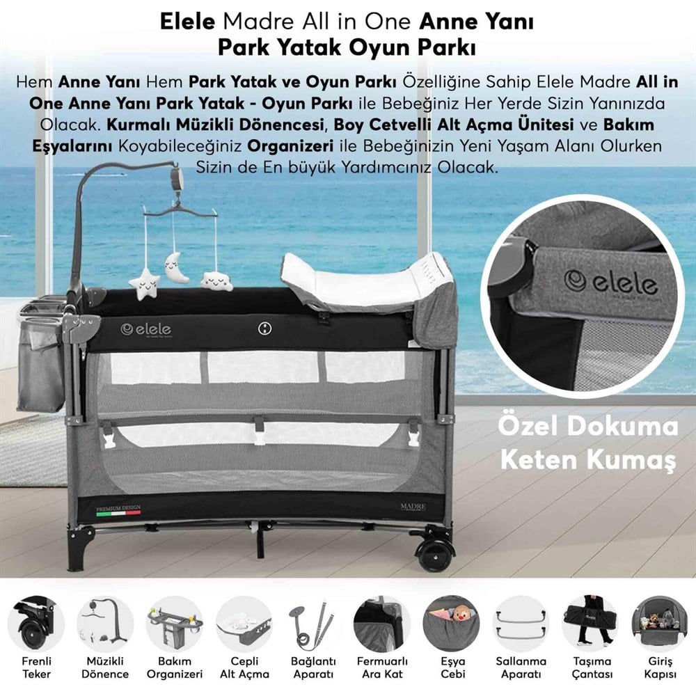 Elele Madre Anne Yanı Park Yatak Oyun Parkı 70x110 cm Gri-Siyah