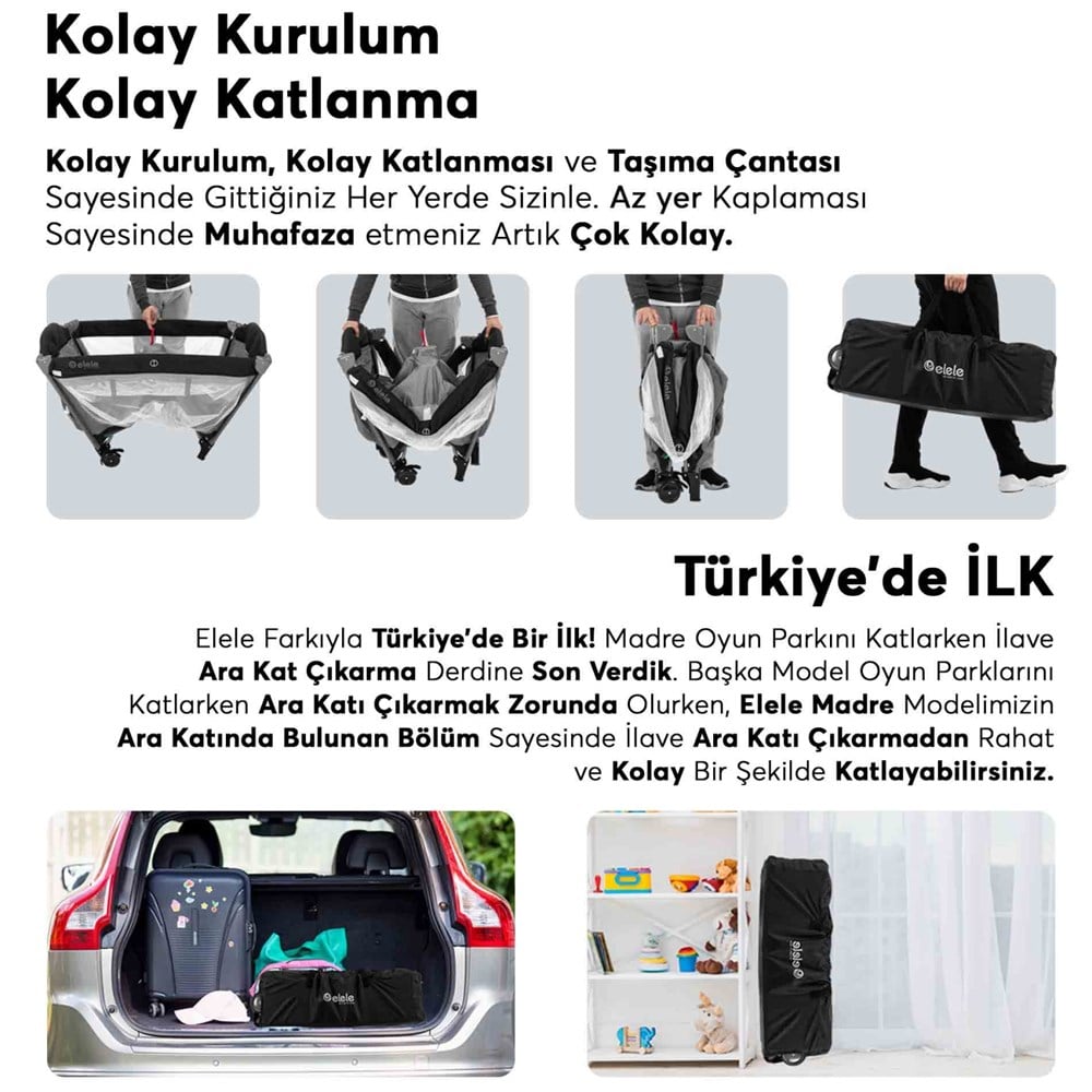Elele Madre Anne Yanı Park Yatak Oyun Parkı 70x110 cm Siyah-Gri