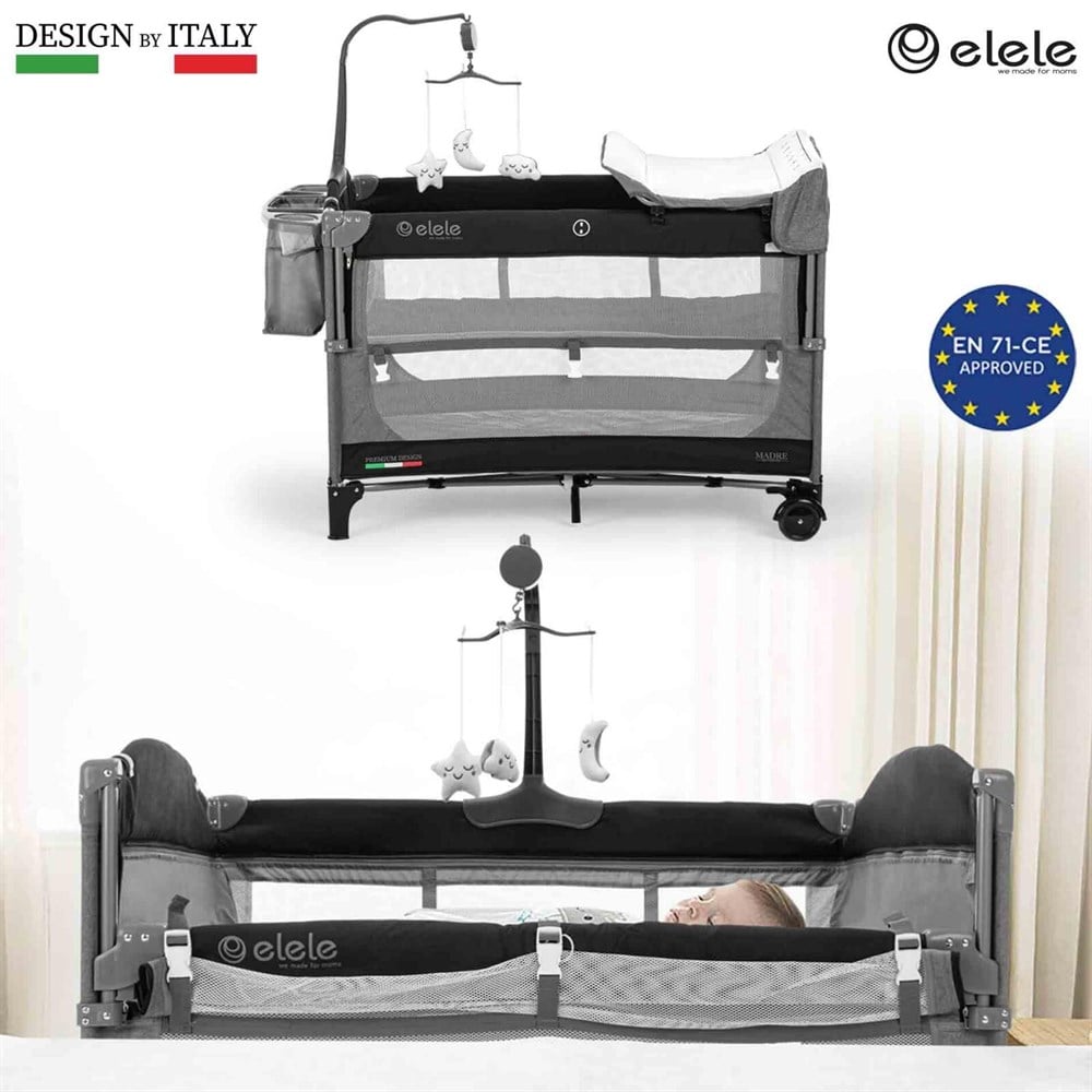 Elele Madre Anne Yanı Park Yatak Oyun Parkı 70x110 cm Gri-Siyah