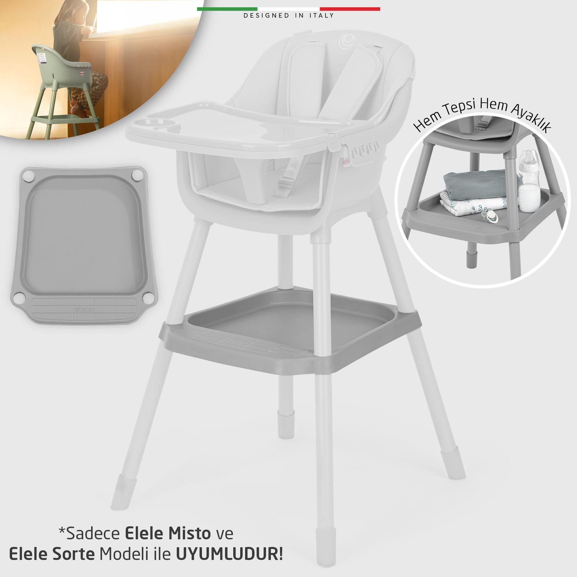 Elele Mama Sandalyesi Tepsili Ayak Desteği (Elele Misto ve Sorte ile Uyumlu) Gri