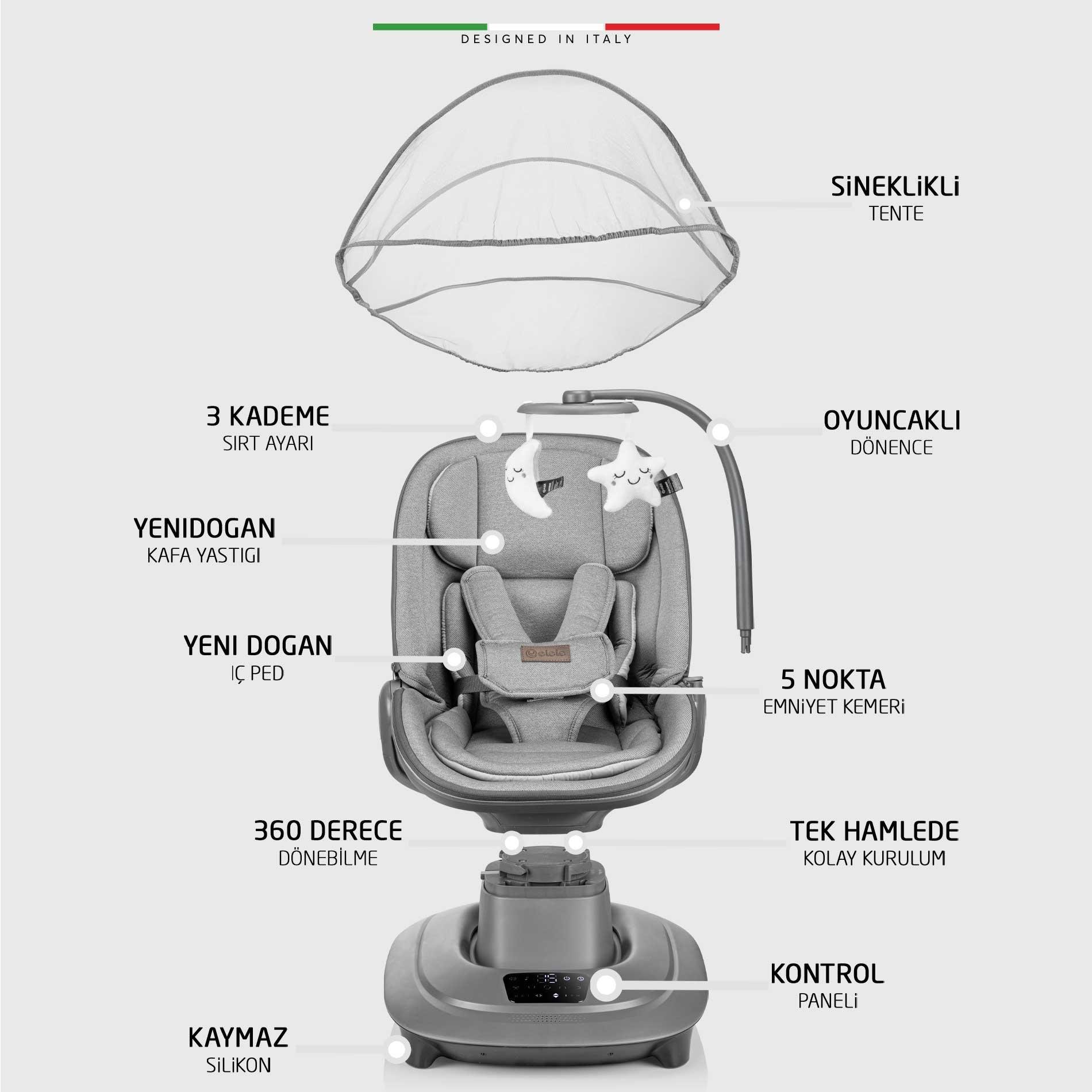 Elele Materno Premium Elektrikli Otomatik Sallanan Ana Kucağı Kademeli Gri