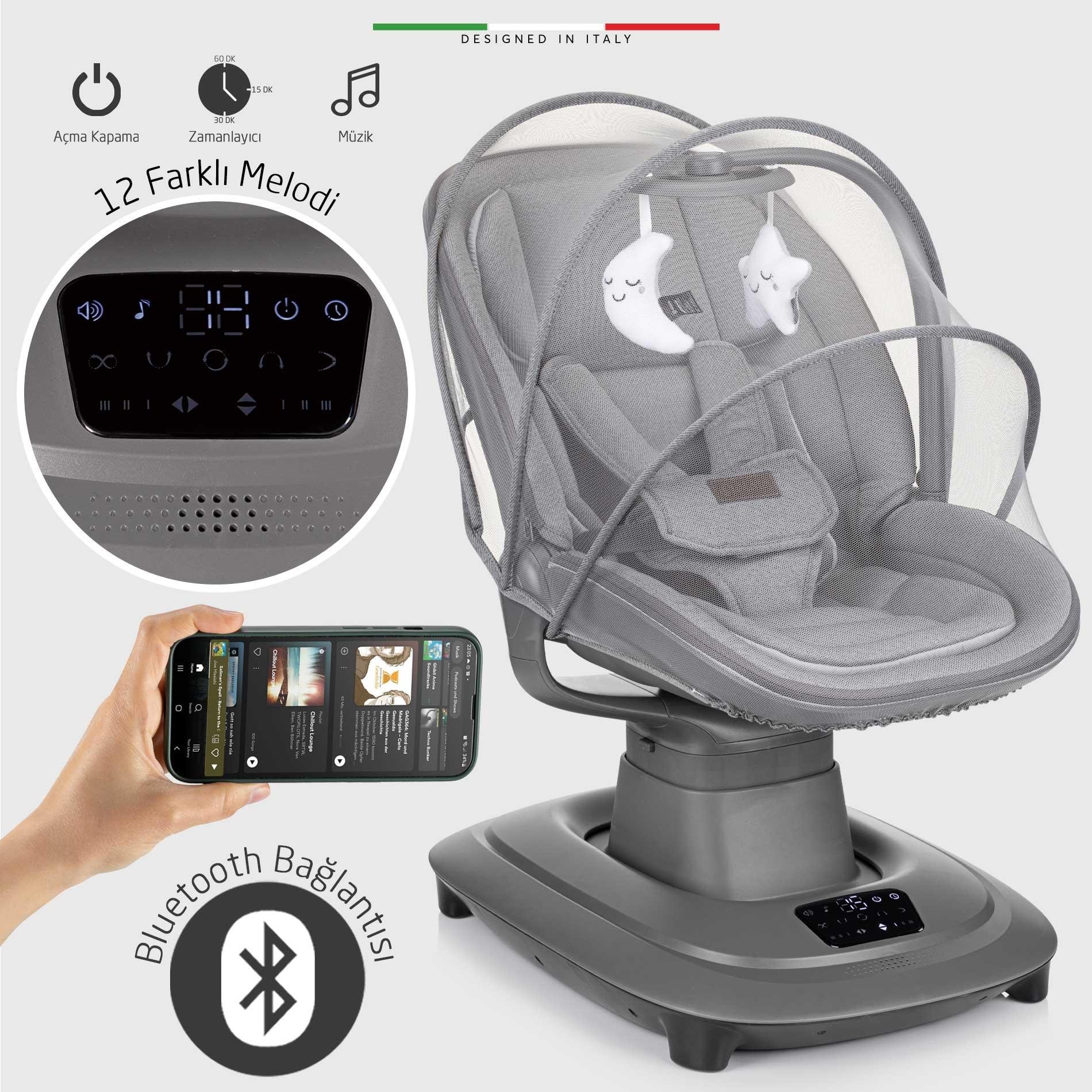 Elele Materno Premium Elektrikli Otomatik Sallanan Ana Kucağı Kademeli Gri