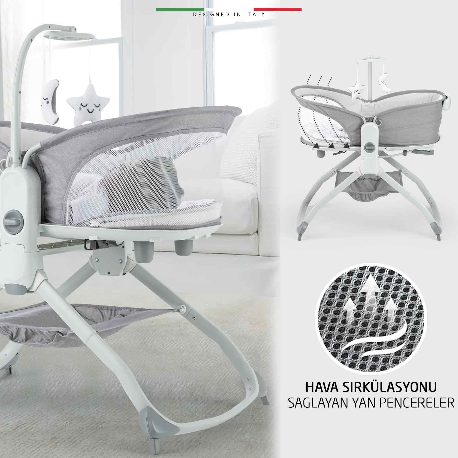 Elele Mira 6in1 Anne Yanı Beşik ve Ana Kucağı Sallanan Müzikli Titreşimli Kademeli Koyu Gri