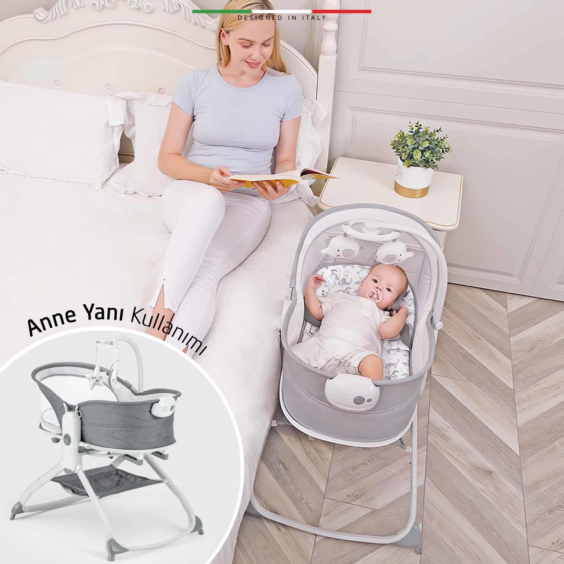 Elele Mira 6in1 Anne Yanı Beşik ve Ana Kucağı Sallanan Müzikli Titreşimli Kademeli Açık Gri