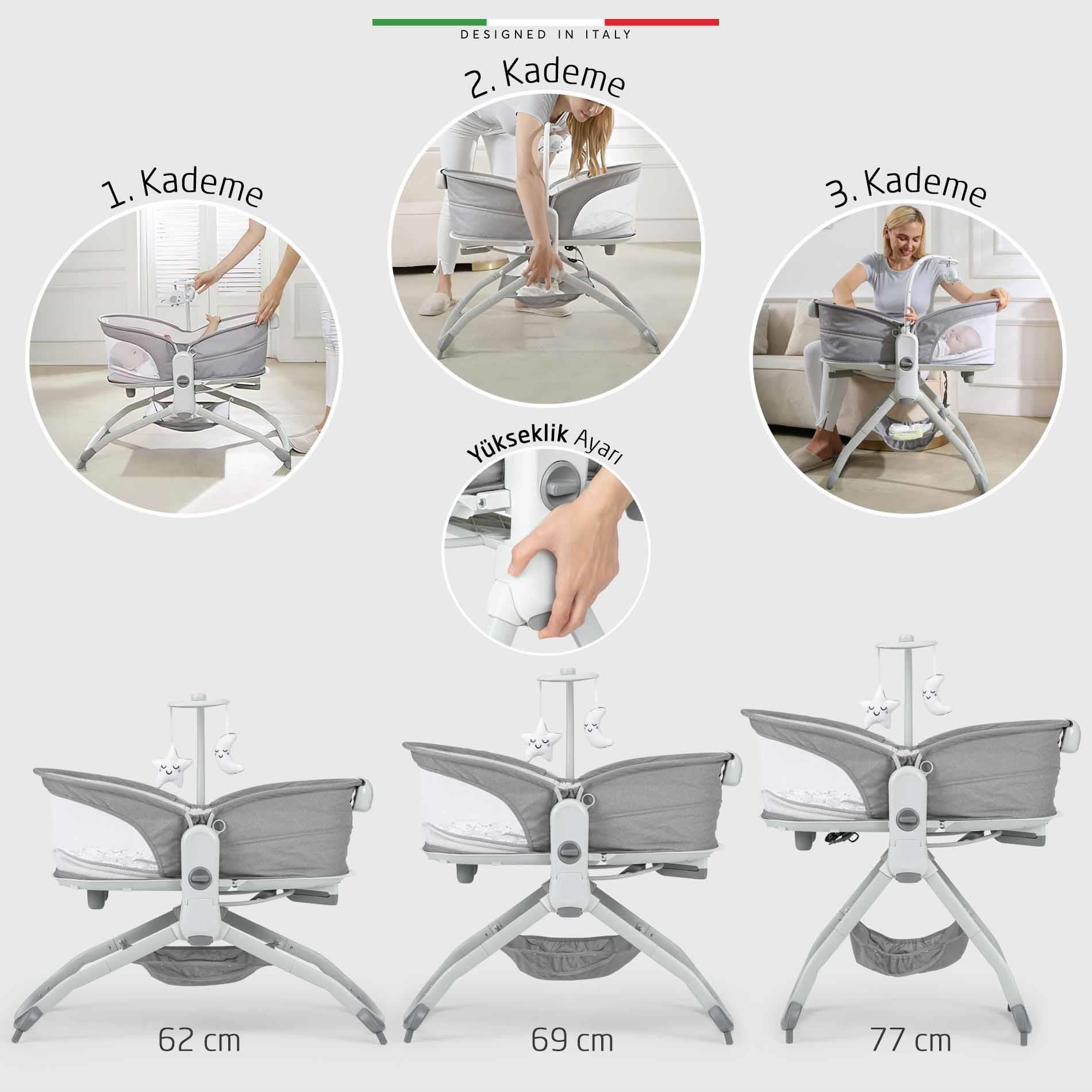Elele Mira 6in1 Anne Yanı Beşik ve Ana Kucağı Sallanan Müzikli Titreşimli Kademeli Açık Gri