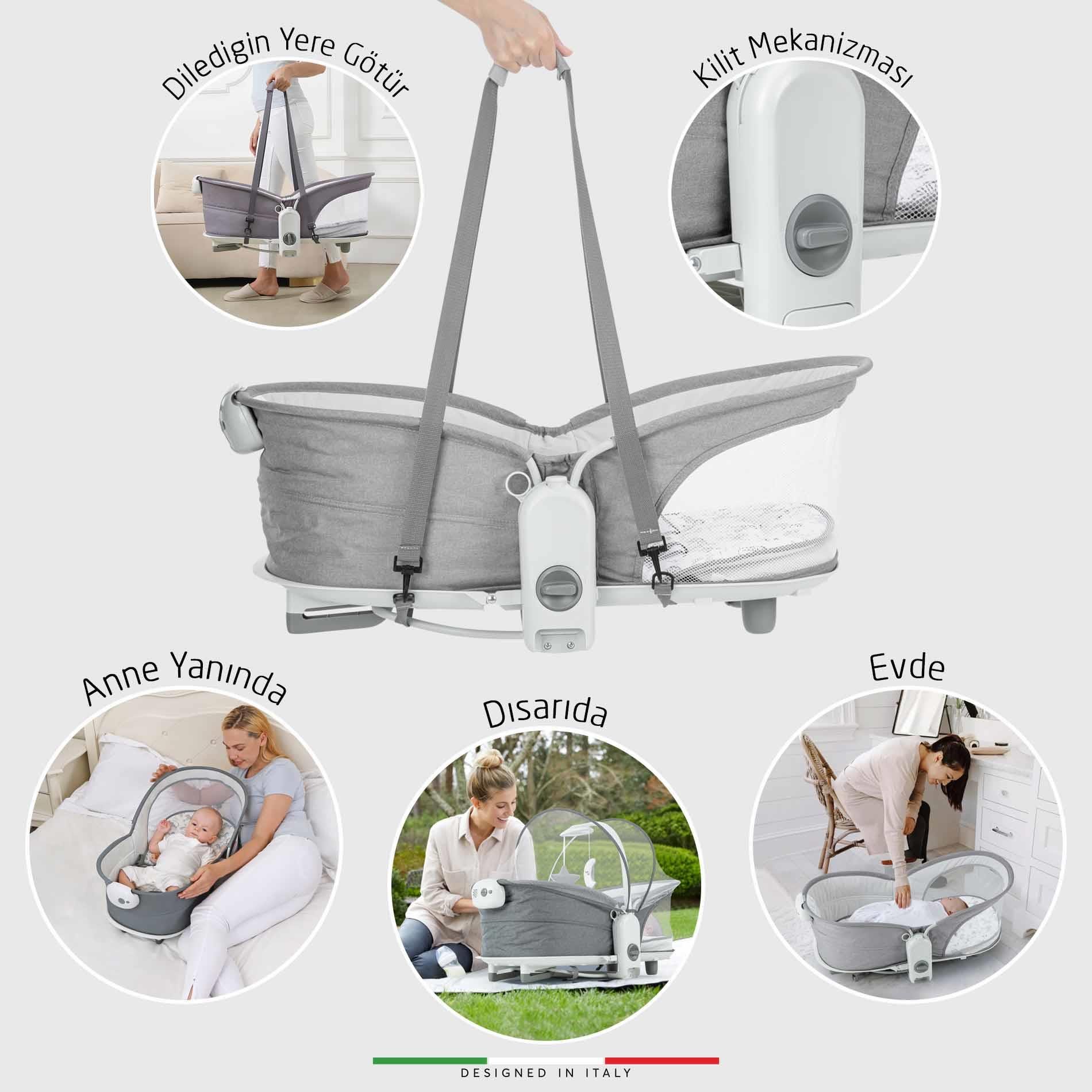 Elele Mira 6in1 Anne Yanı Beşik ve Ana Kucağı Sallanan Müzikli Titreşimli Kademeli Koyu Gri