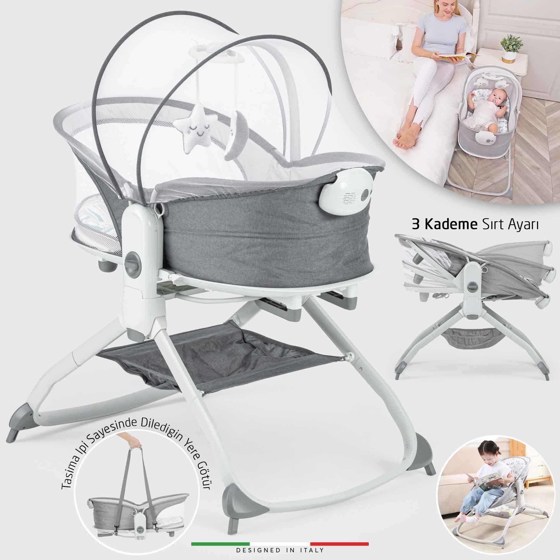 Elele Mira 6in1 Anne Yanı Beşik ve Ana Kucağı Sallanan Müzikli Titreşimli Kademeli Koyu Gri