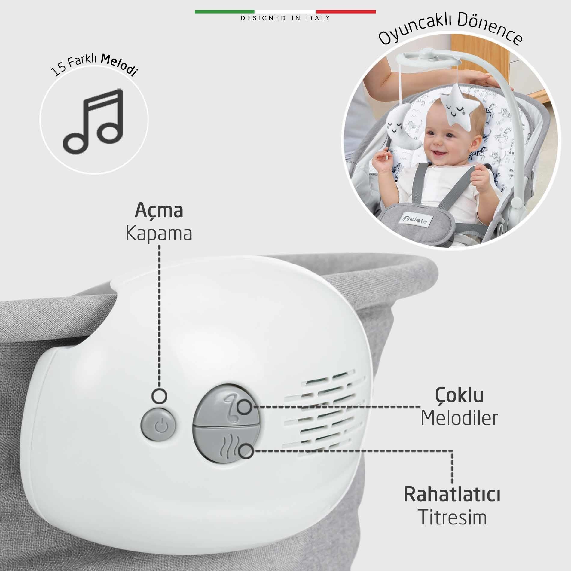 Elele Mira 6in1 Anne Yanı Beşik ve Ana Kucağı Sallanan Müzikli Titreşimli Kademeli Koyu Gri