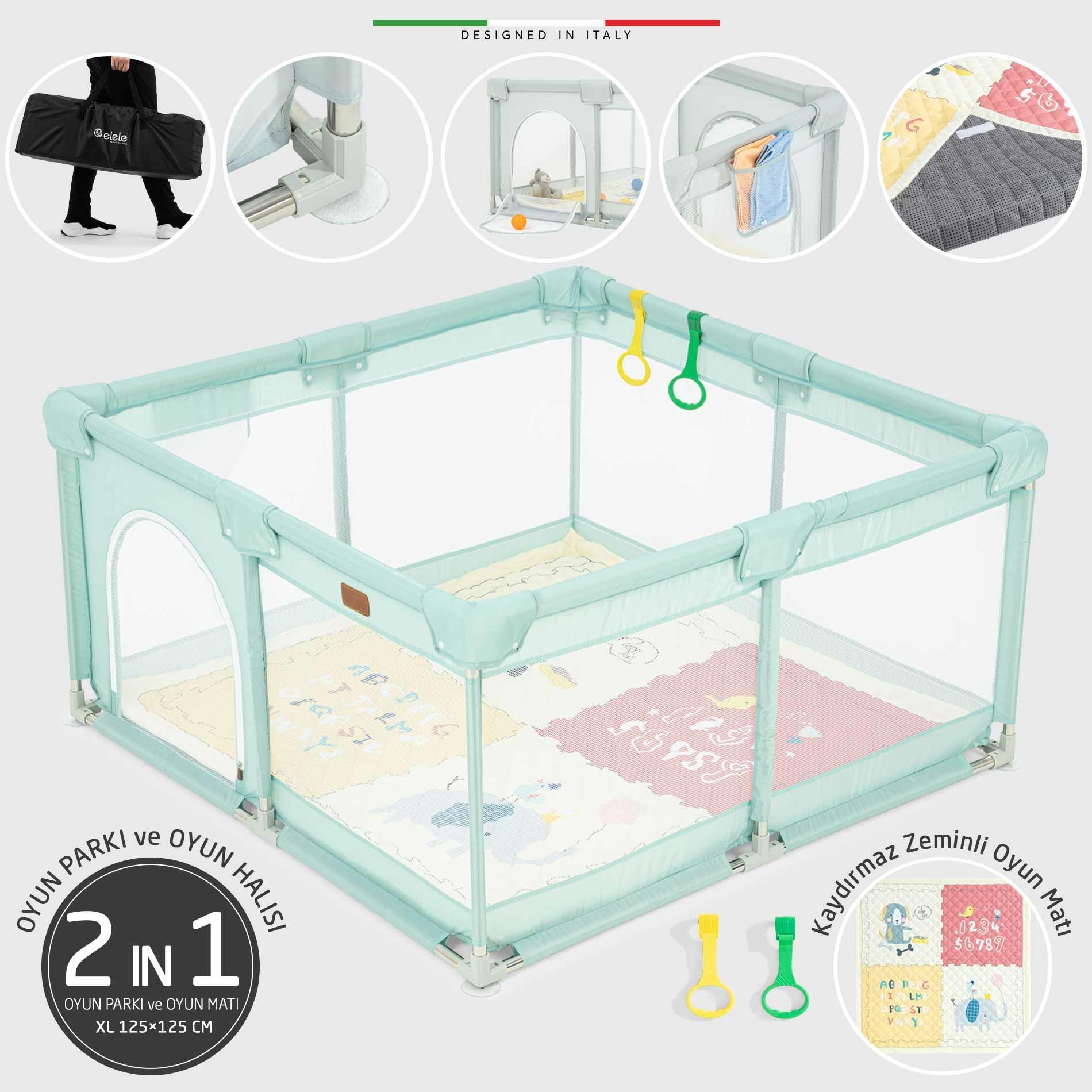 Elele Parma 2in1 Oyun Parkı Oyun Alanı ve Oyun Matı Halısı 125x125 cm Mint
